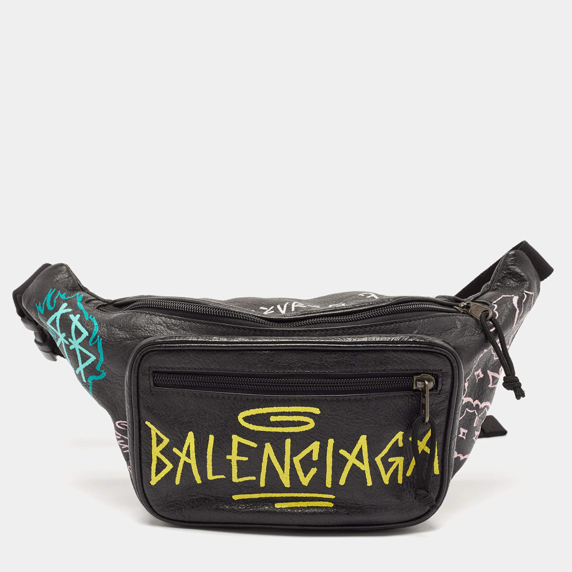 Balenciaga Black Graffiti Print Leather Logo Belt Bag