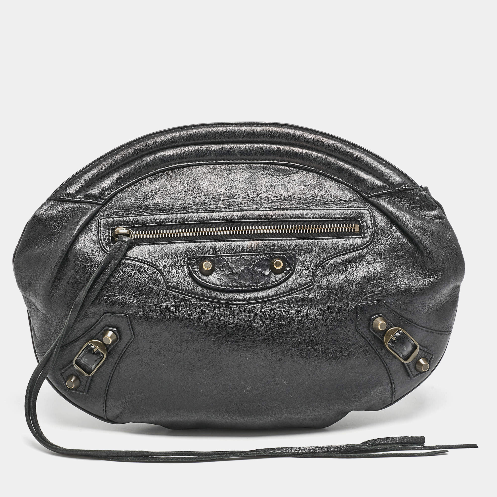 Pre Owned Balenciaga Black Leather Classic Hardware Oval Clutch