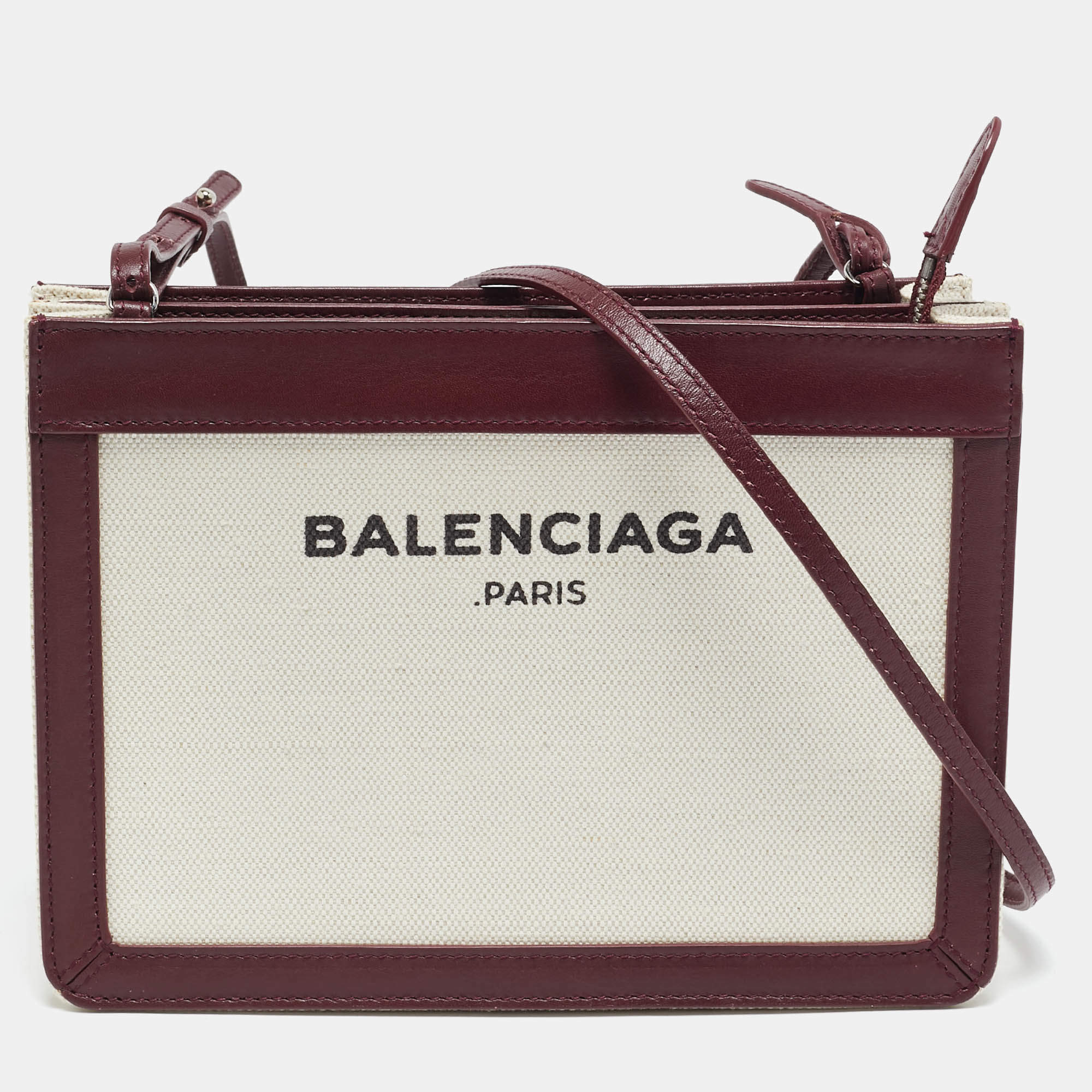Pre Owned Balenciaga Burgundy/Beige Canvas and Leather Pochette Crossbody Bag