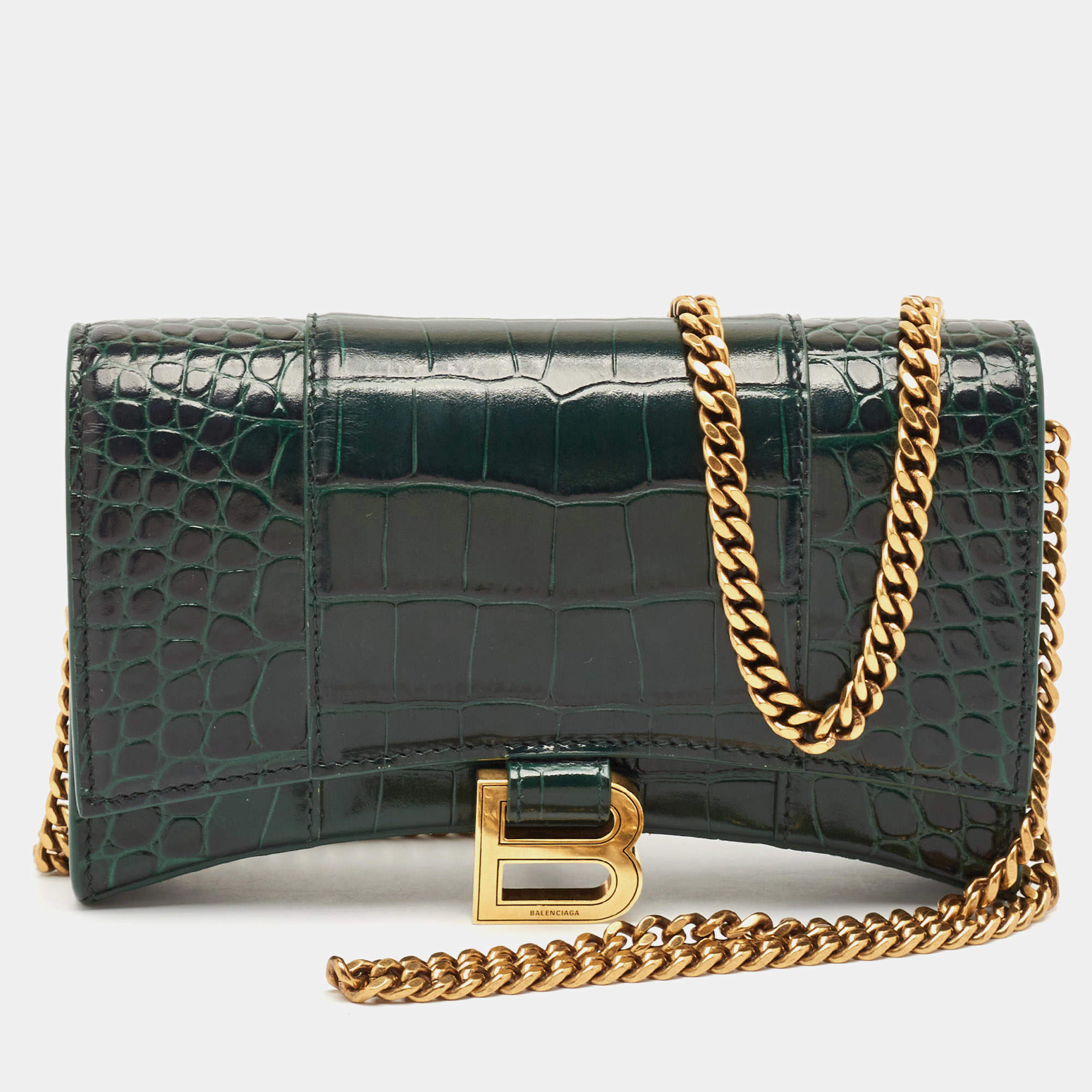 Balenciaga Green Croc Embossed Leather Hourglass Wallet on Chain