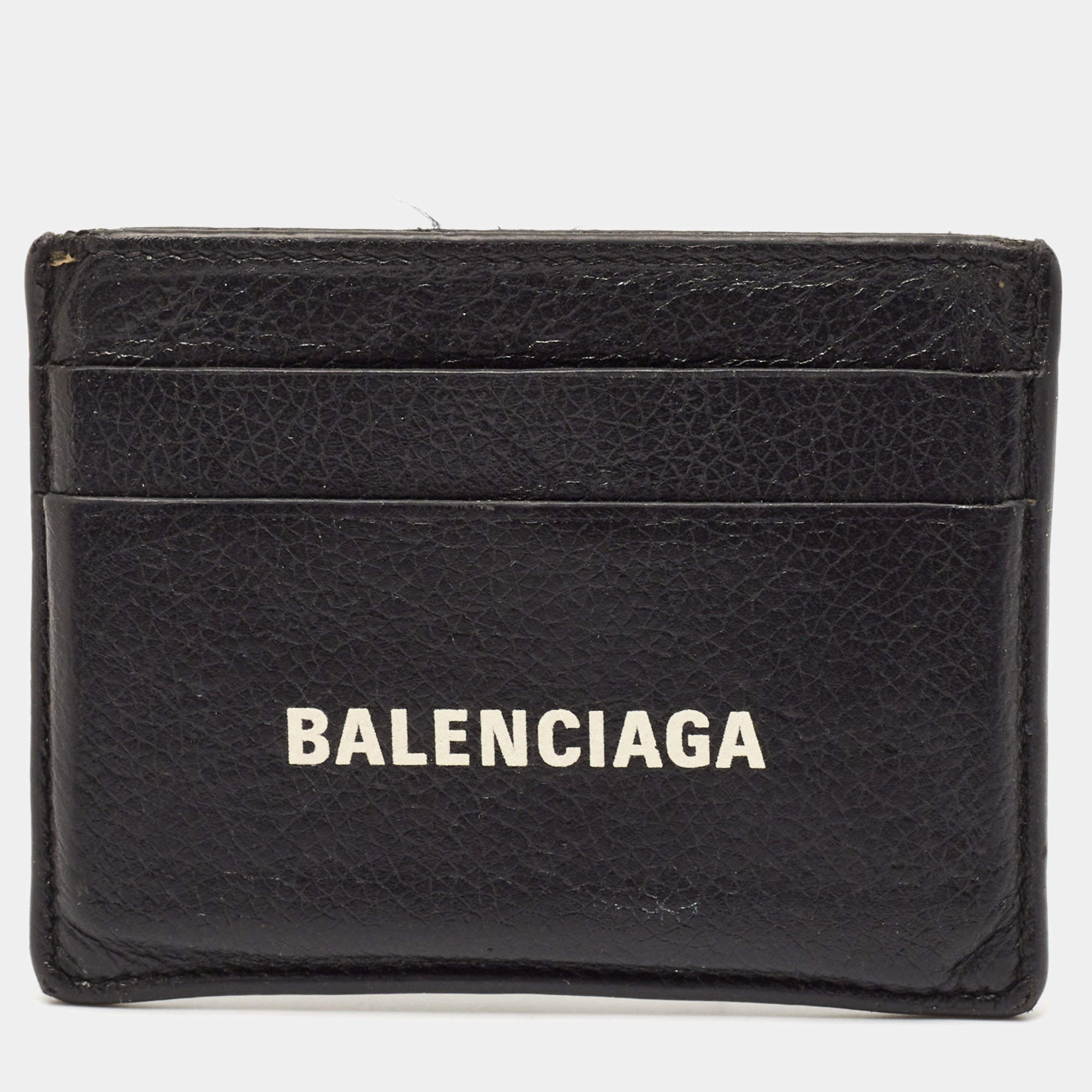Balenciaga Black Leather Logo Print Card Case