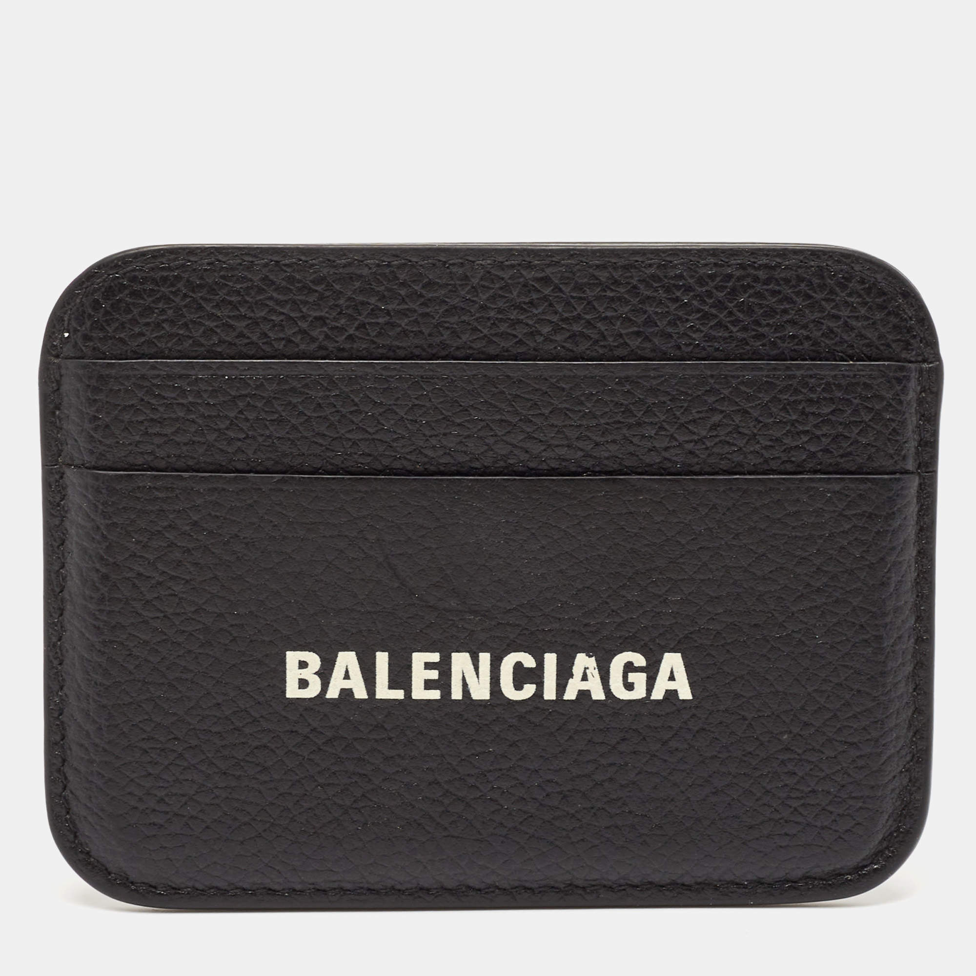 Balenciaga Black Leather Logo Print Card Holder