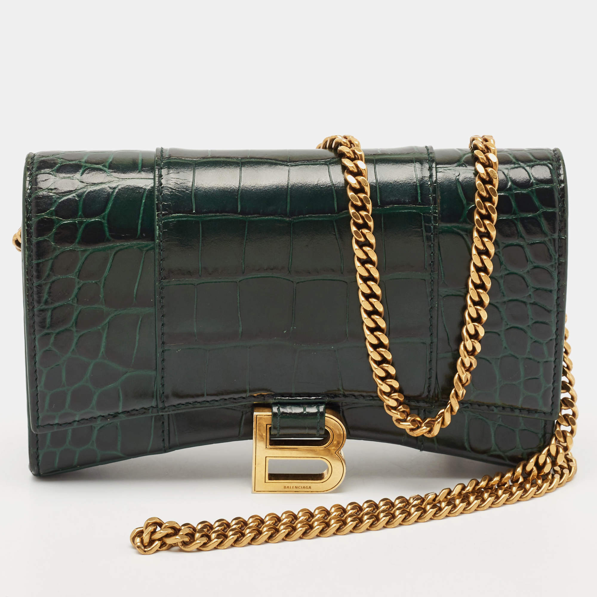 Balenciaga Green Croc Embossed Leather Hourglass Wallet on Chain