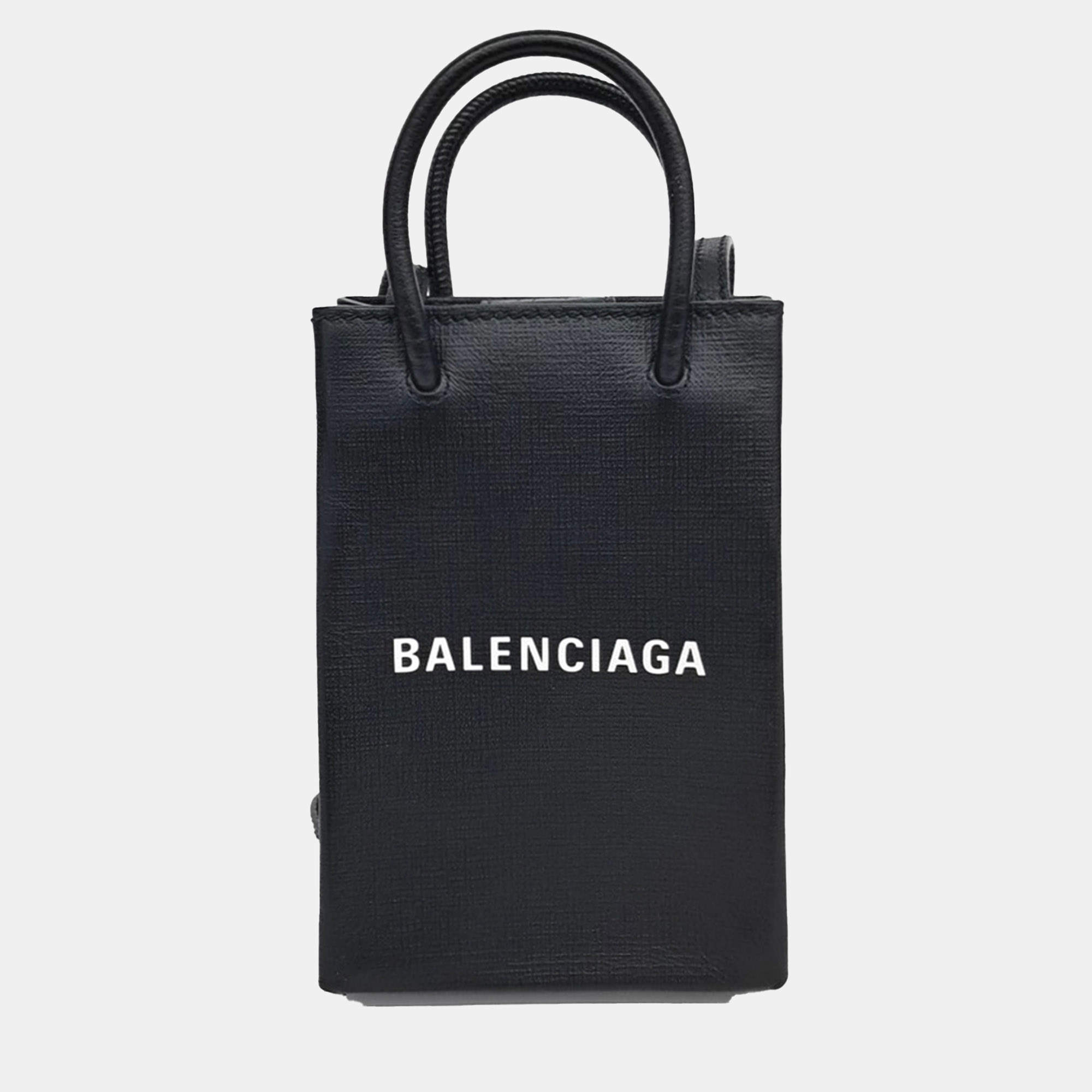 Pre Owned Balenciaga Black Leather shopping phone holder bag