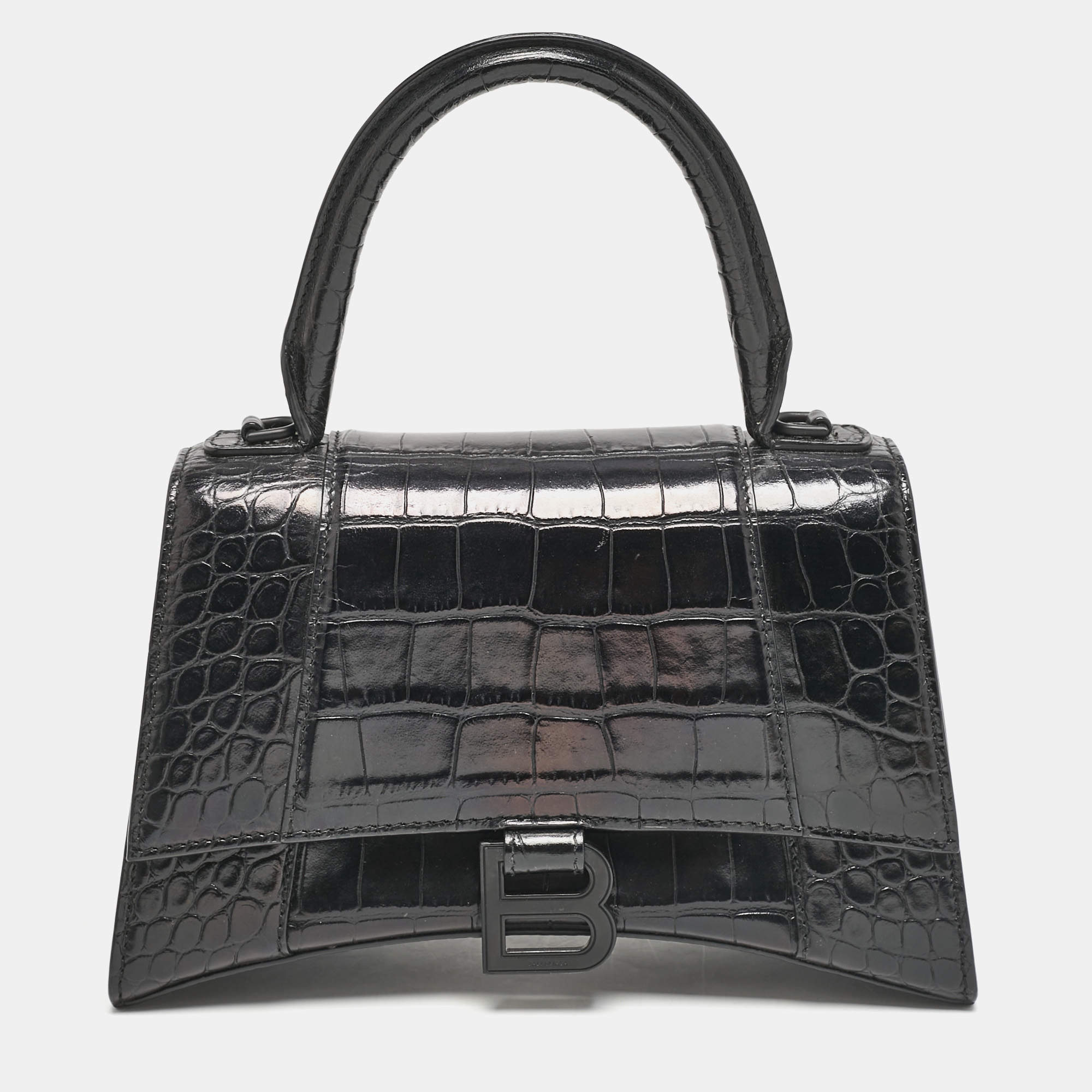 Balenciaga Black Croc Embossed Leather Small Hourglass Top Handle Bag