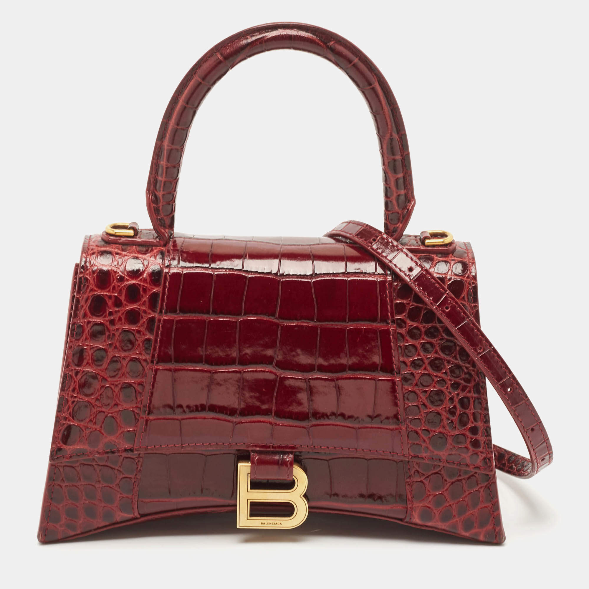 Pre Owned Balenciaga Burgundy Croc Embossed Leather Small Hourglass Top Handle Bag