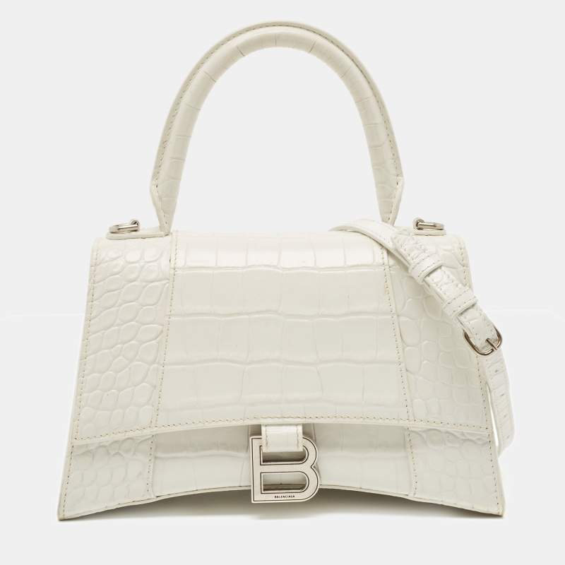 Balenciaga White Croc Embossed Leather Small Hourglass Top Handle Bag