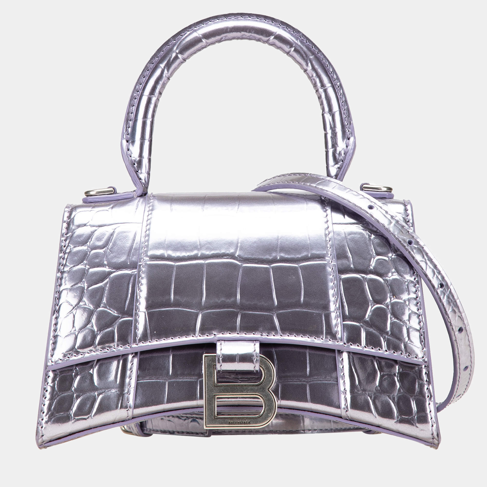 Pre Owned Balenciaga Silver Metallic Calfskin Croc Embossed Hourglass XS Satchel
