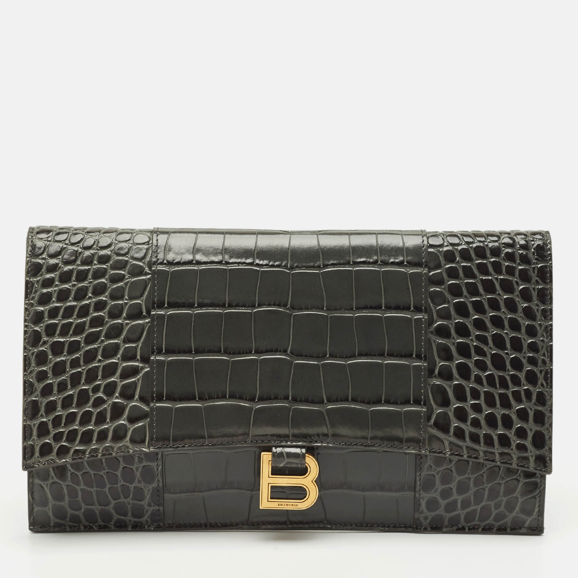 مملوكة مسبقًا Balenciaga Grey Croc Embossed Leather Hourglass Flat Pouch 