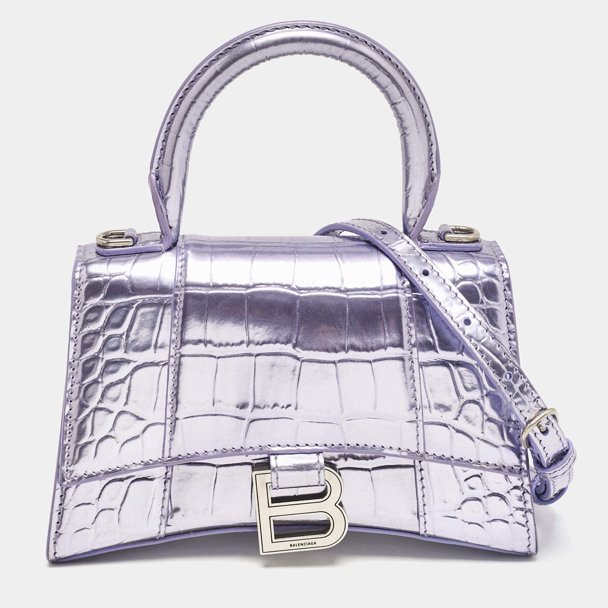 Balenciaga Metallic Lilac Croc Embossed Leather XS Hourglass Top Handle Bag  