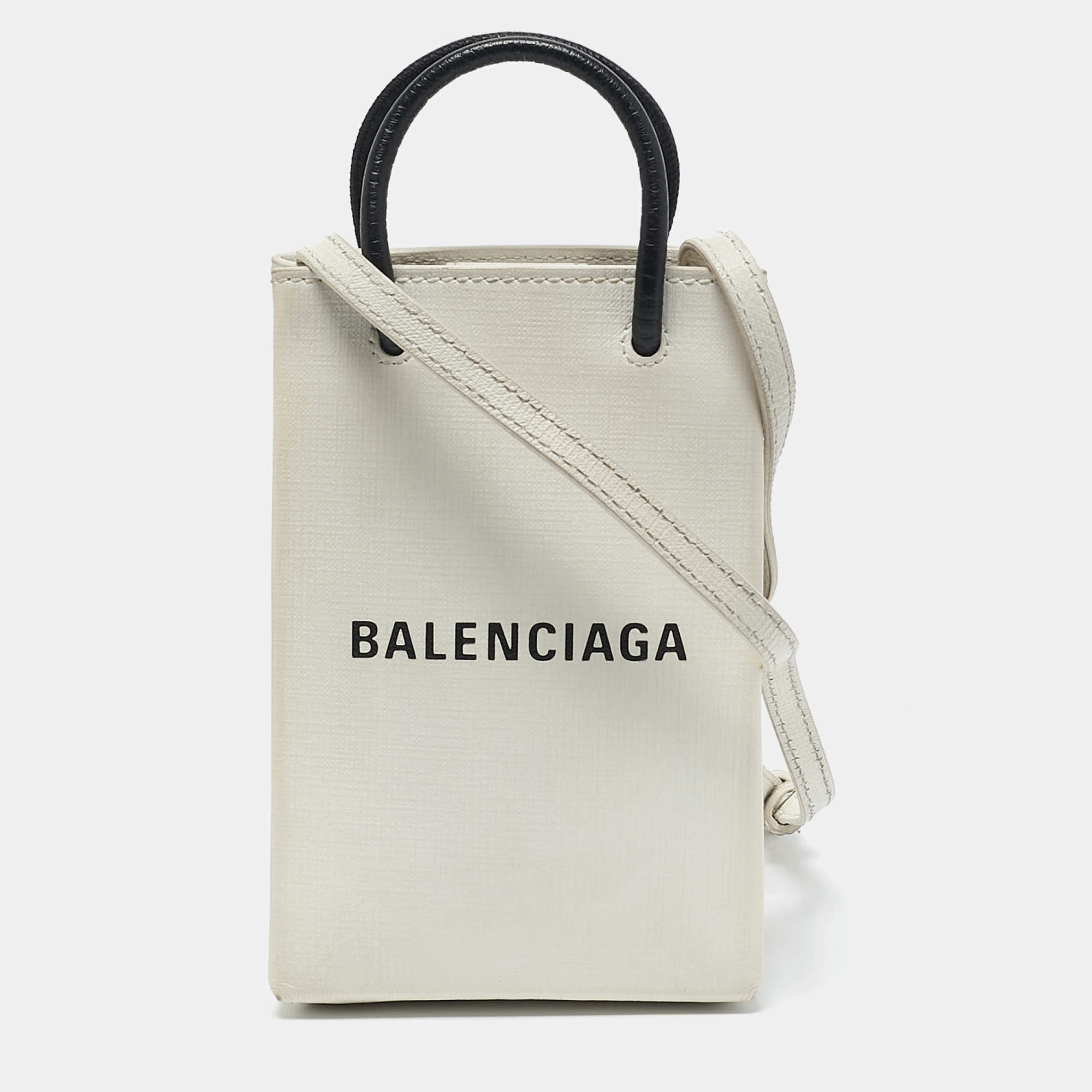 Balenciaga White/Black Leather Shopping Phone Holder Crossbody Bag 