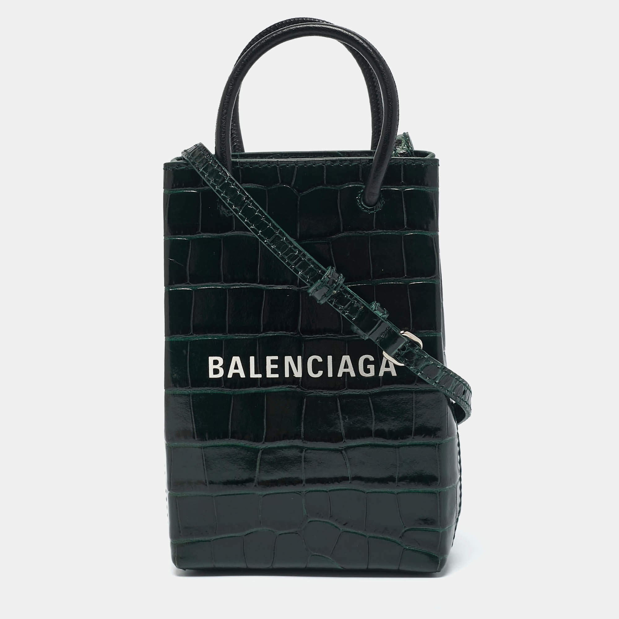 Balenciaga Green Croc Embossed Leather Shopping Phone Holder Crossbody Bag 