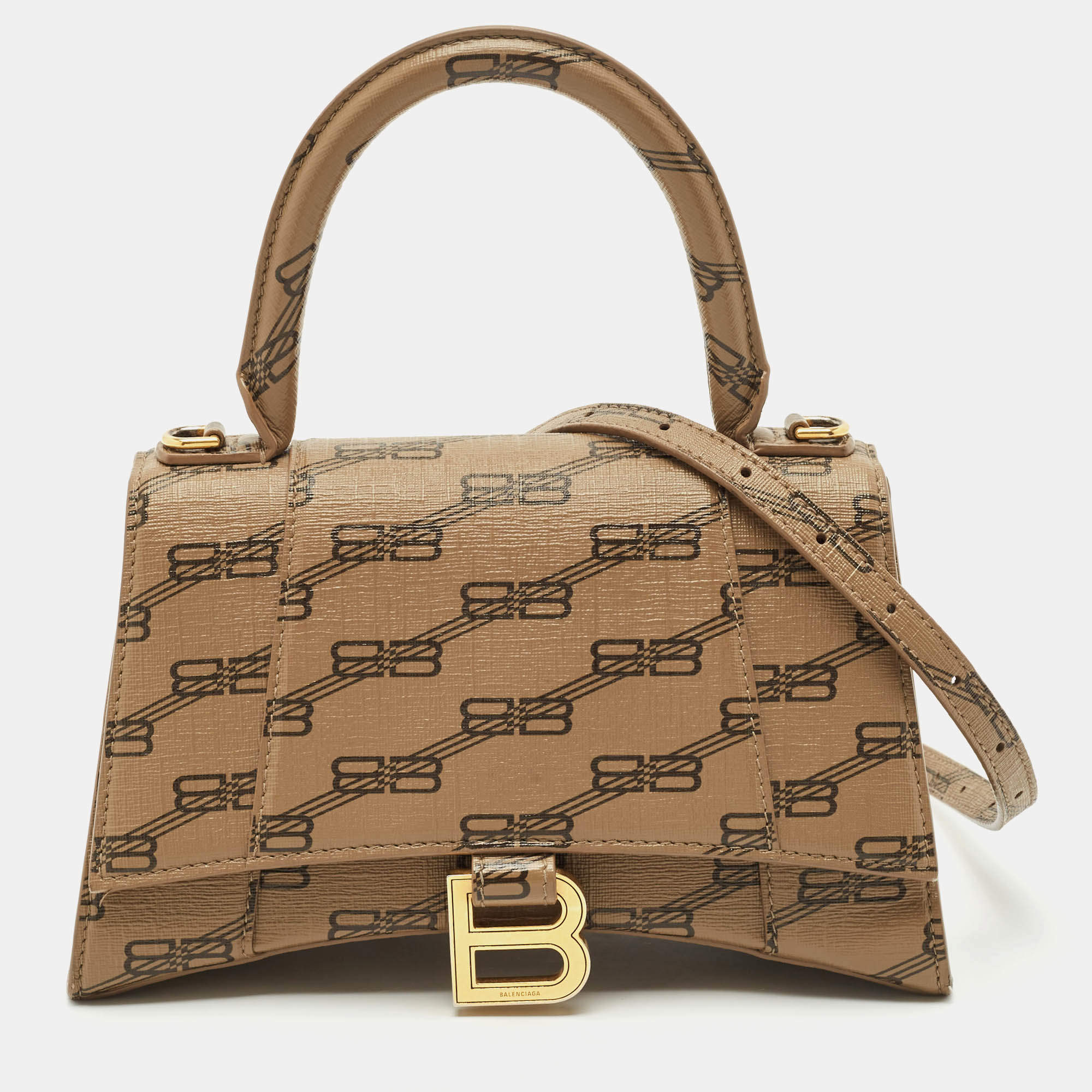 Pre Owned Balenciaga Brown BB Monogram Coated Canvas Small Hourglass Top Handle Bag