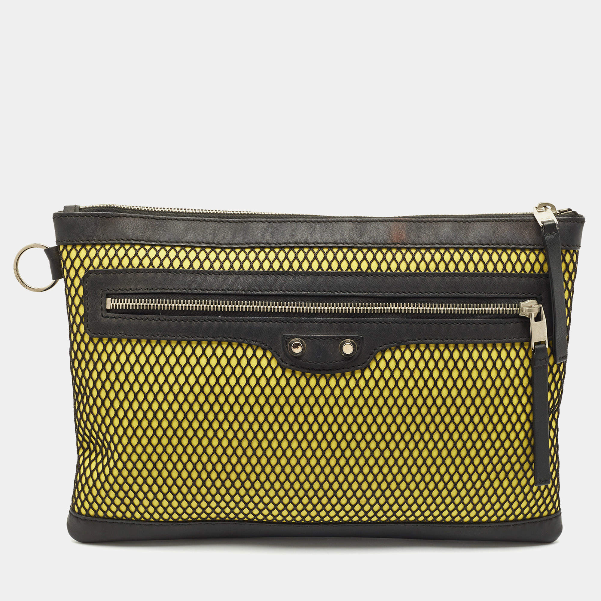 Balenciaga Black/Yellow Mesh Nylon and Leather Clip Clutch