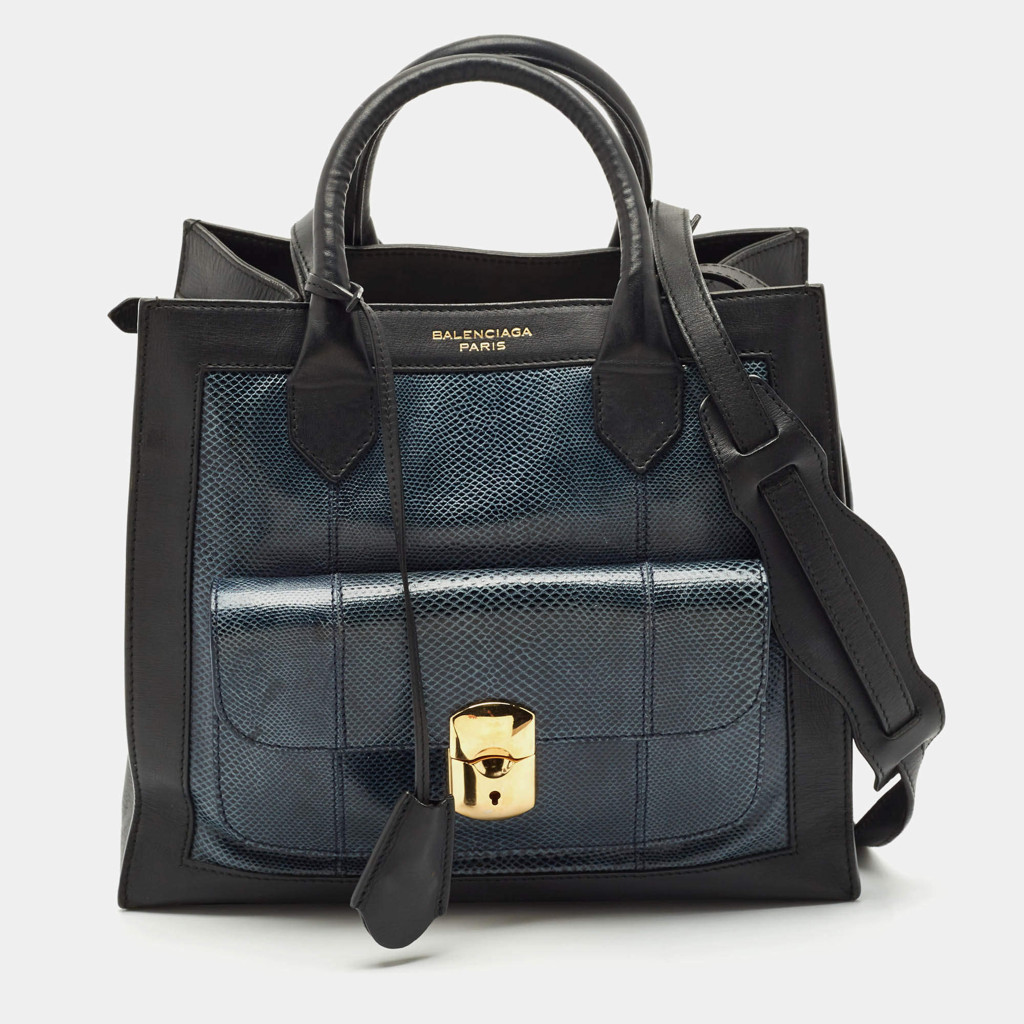 Pre Owned Balenciaga Black/Navy Blue Leather and Lizard Padlock All Afternoon Tote