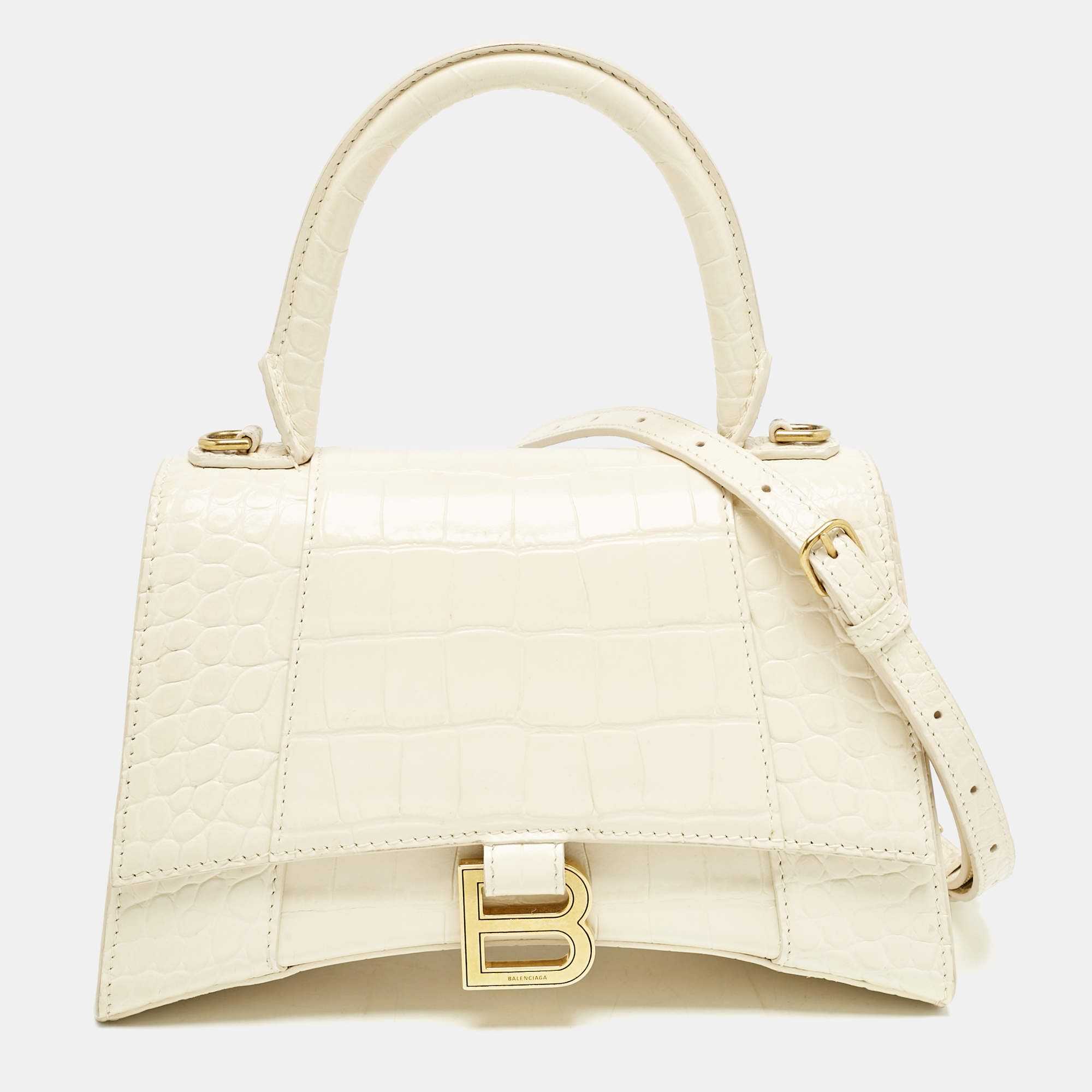 Balenciaga Cream Croc Embossed Leather Small Hourglass Top Handle Bag
