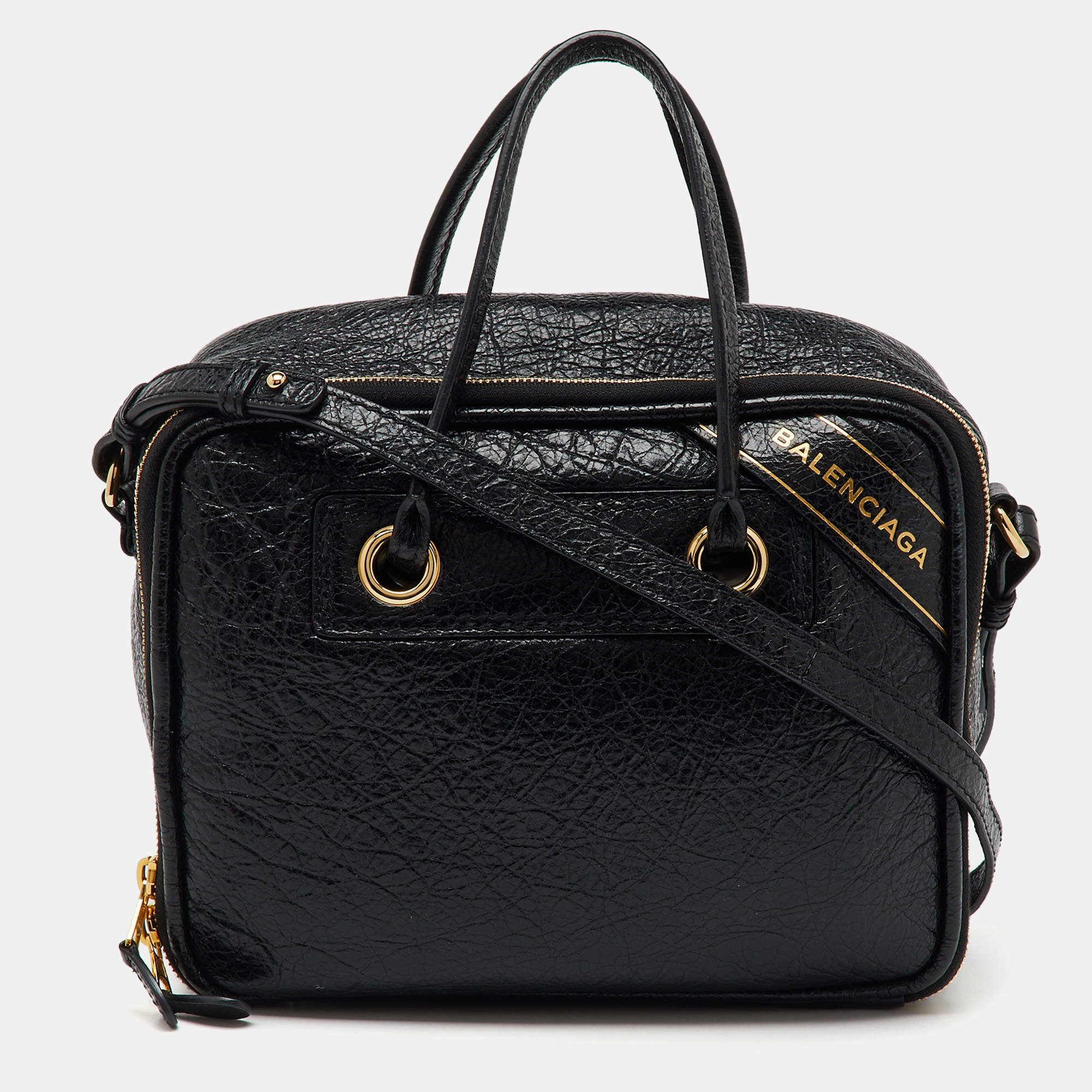 Balenciaga Black Crackle Leather Small Blanket Square Bag