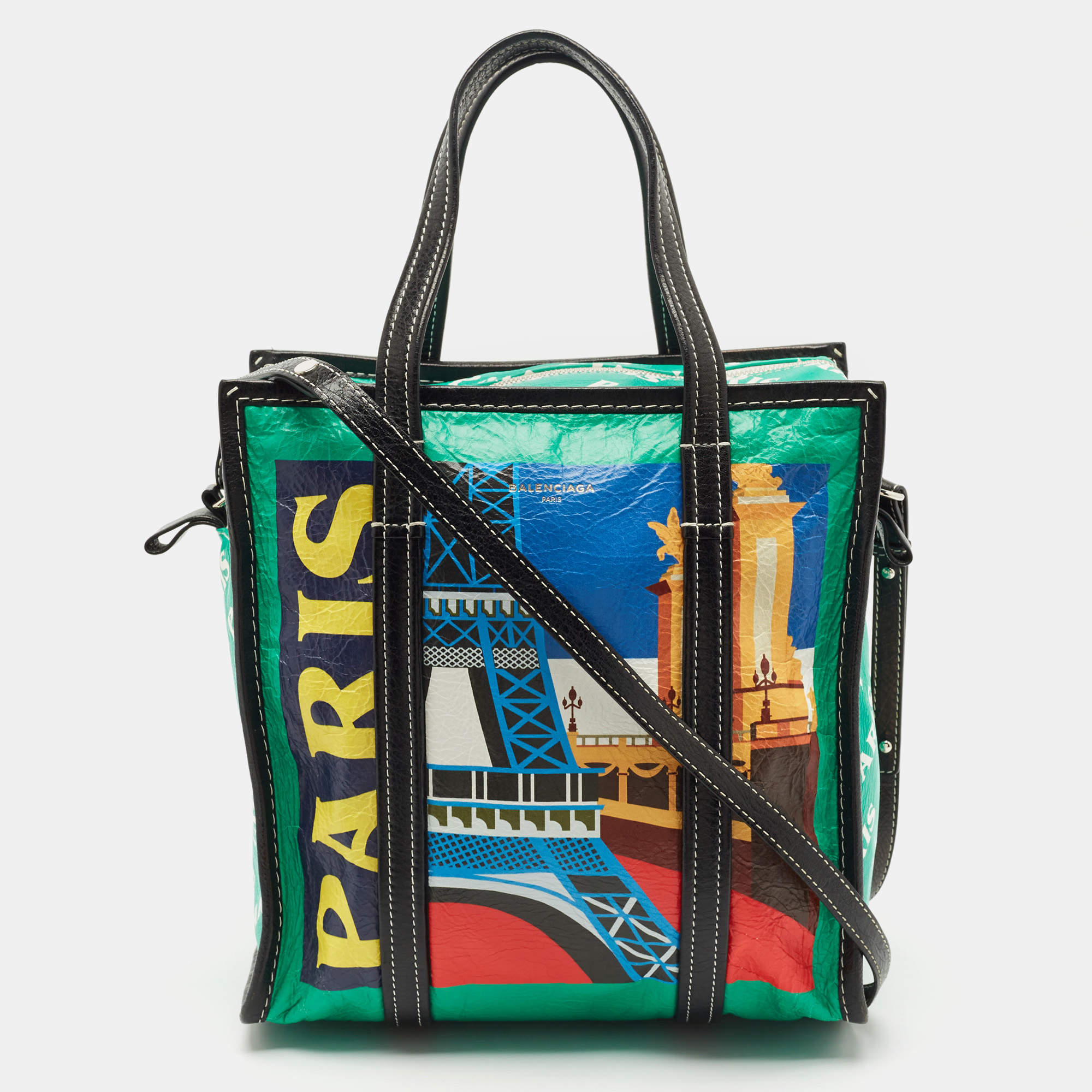 Balenciaga Multicolor Paris Print Leather Small Bazar Shopper Tote