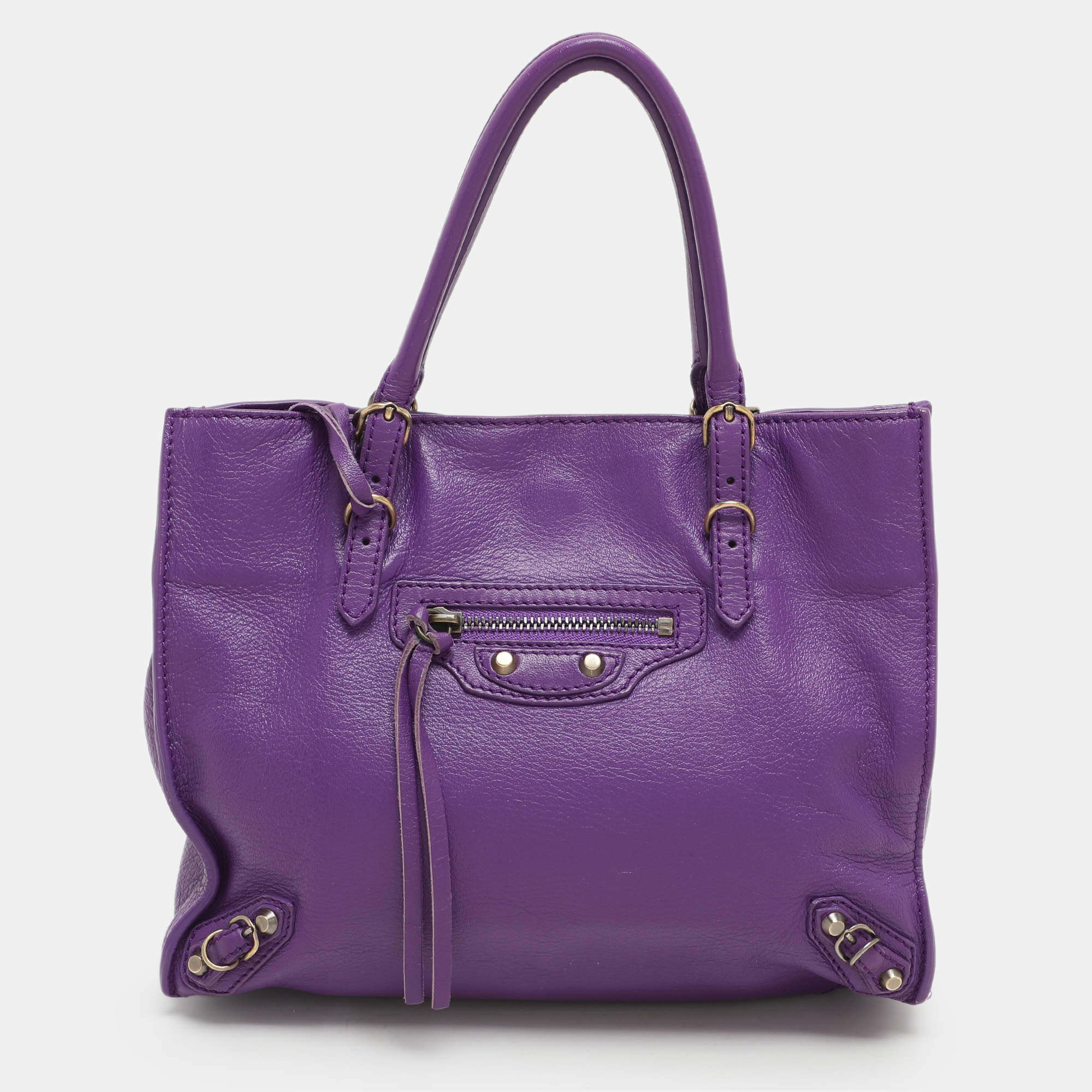 Pre Owned Balenciaga Purple Leather Mini Papier A4 Tote