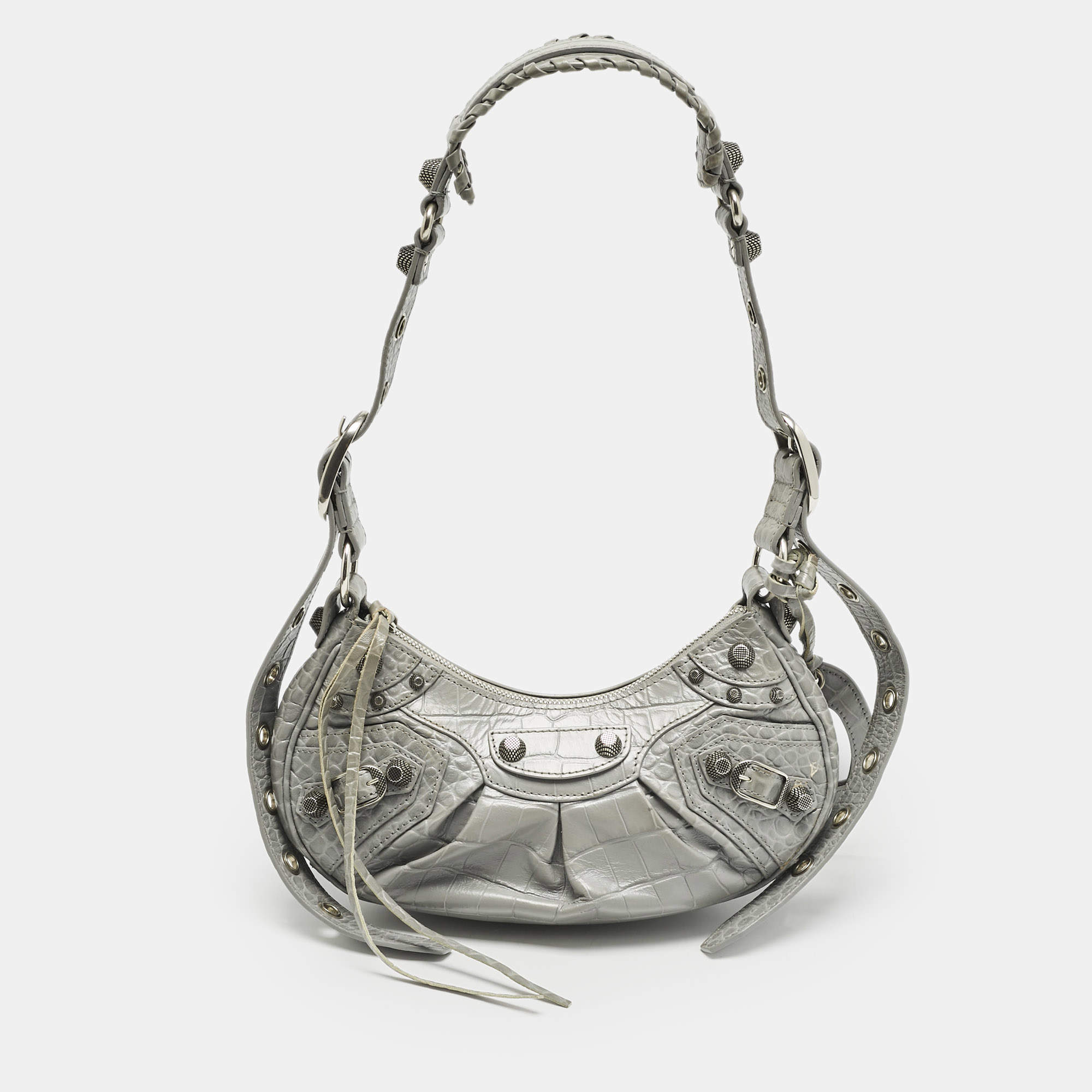 Balenciaga Grey Croc Embossed Leather XS Le Cagole Shoulder Bag