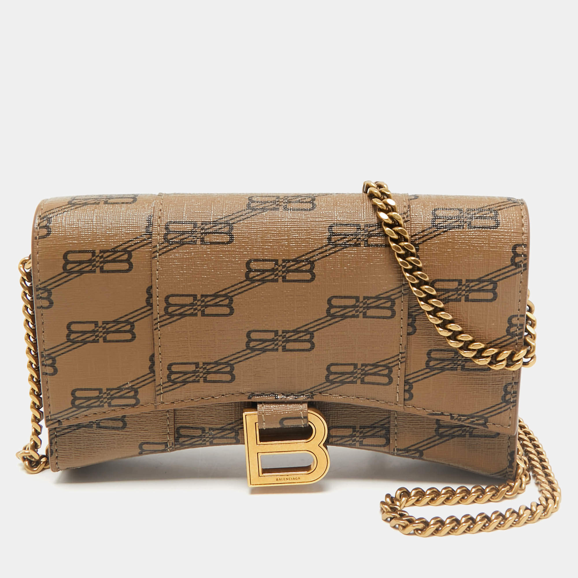 Balenciaga Tan BB Monogram Coated Canvas Hourglass Wallet on Chain