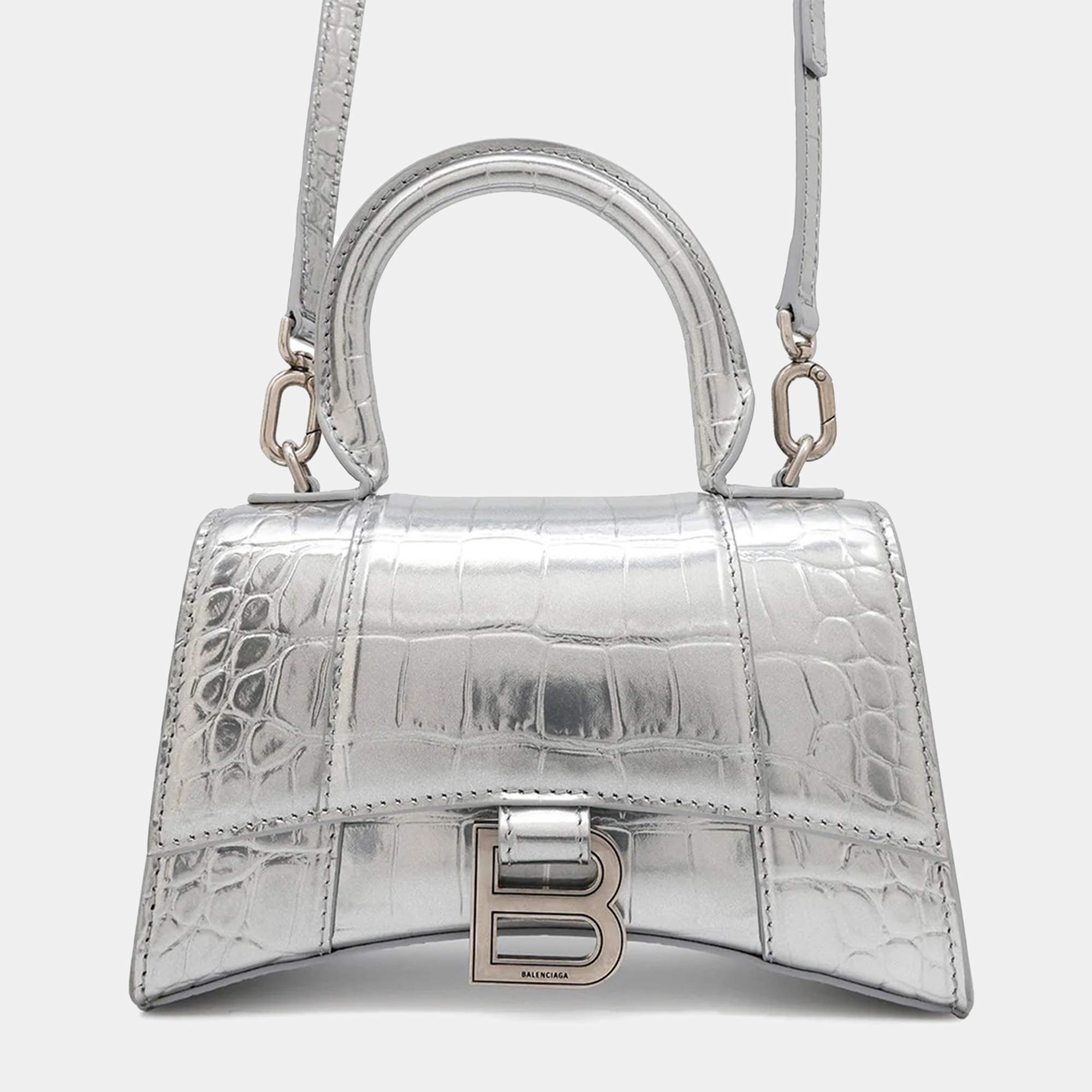Balenciaga Hourglass 2Way bag Silver Croco Embossed Leather Size Xs