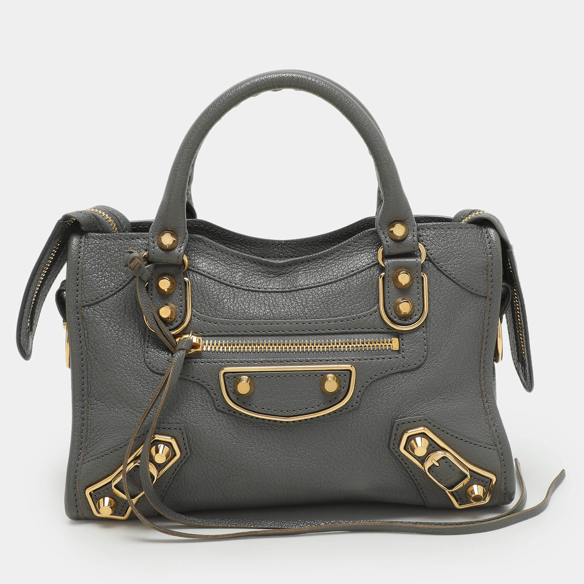 Pre Owned Balenciaga Grey Leather Metallic Edge Mini City Tote