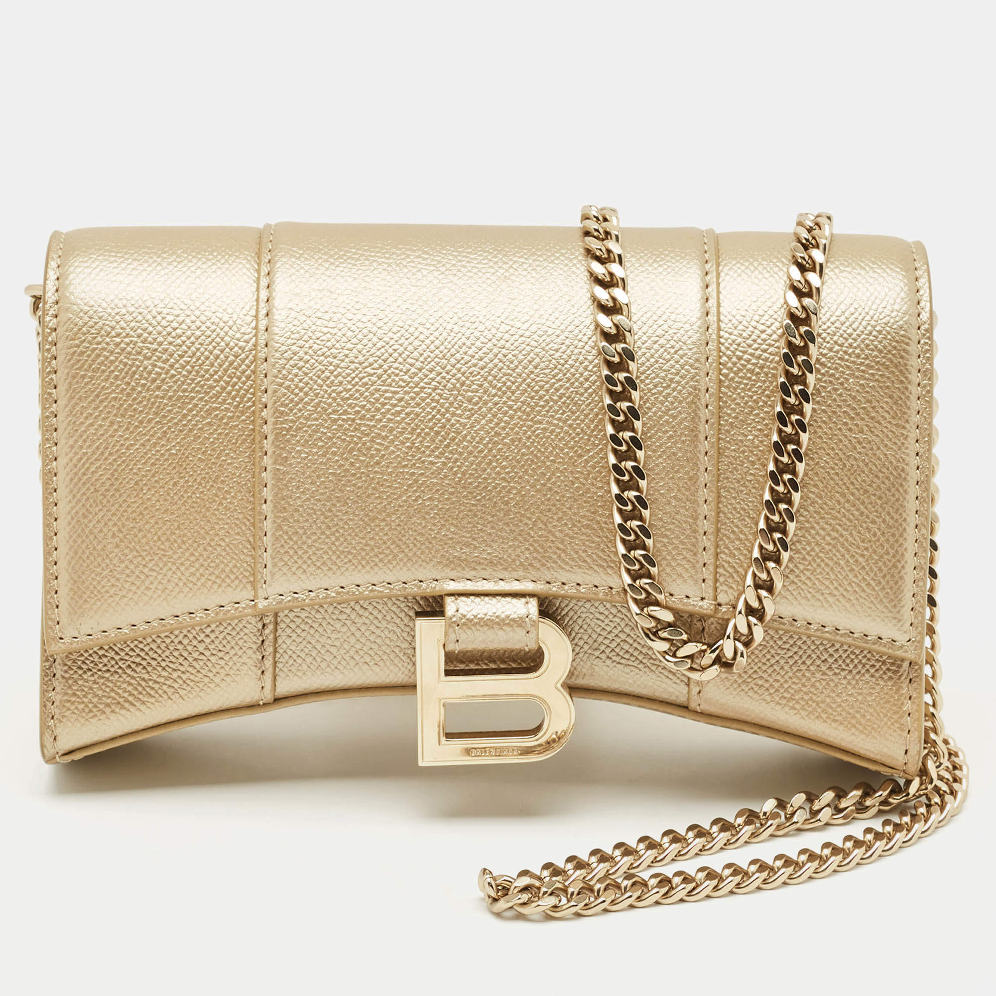 Balenciaga Gold Leather Hourglass Wallet on Chain