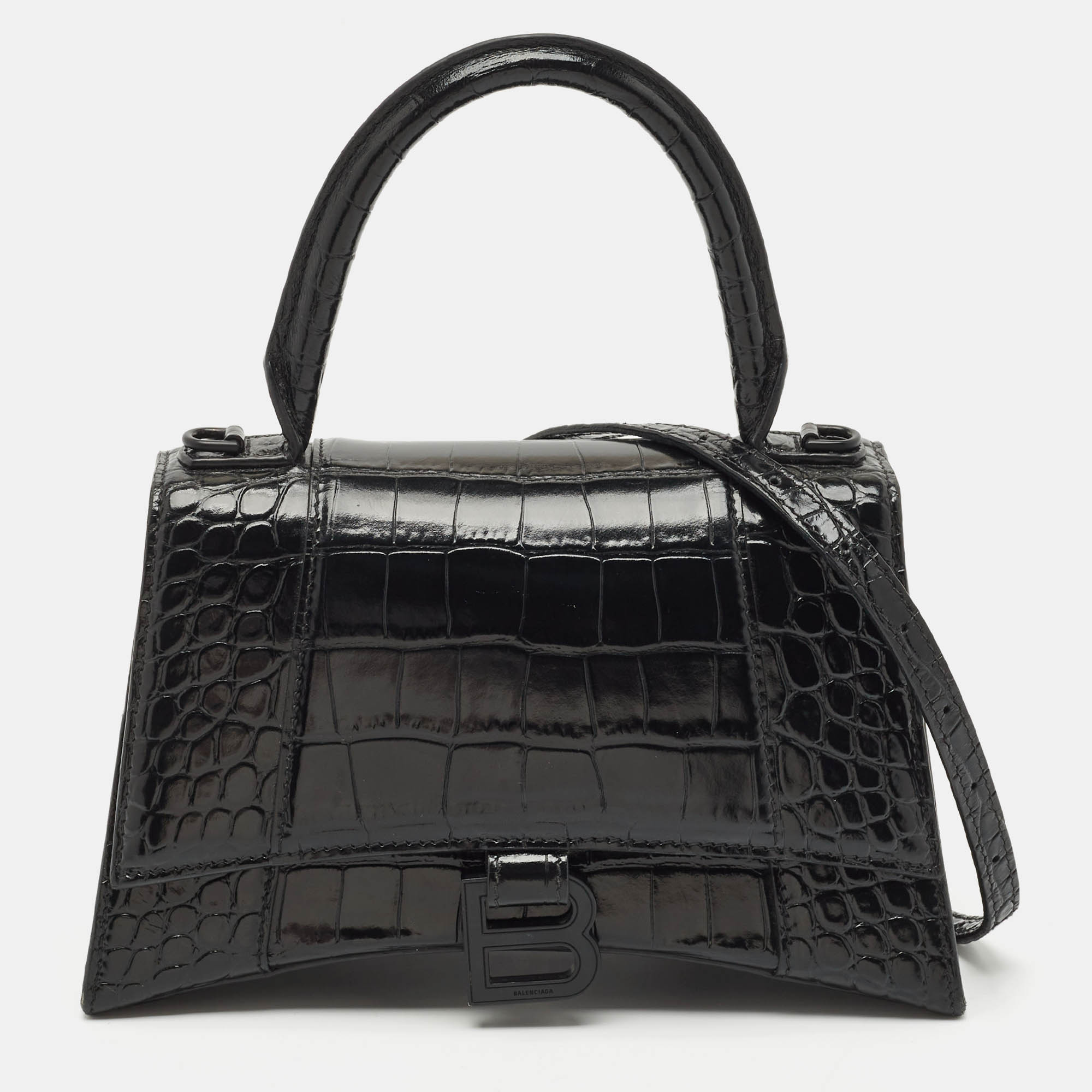 Balenciaga Black Croc Embossed Leather Small Hourglass Top Handle Bag