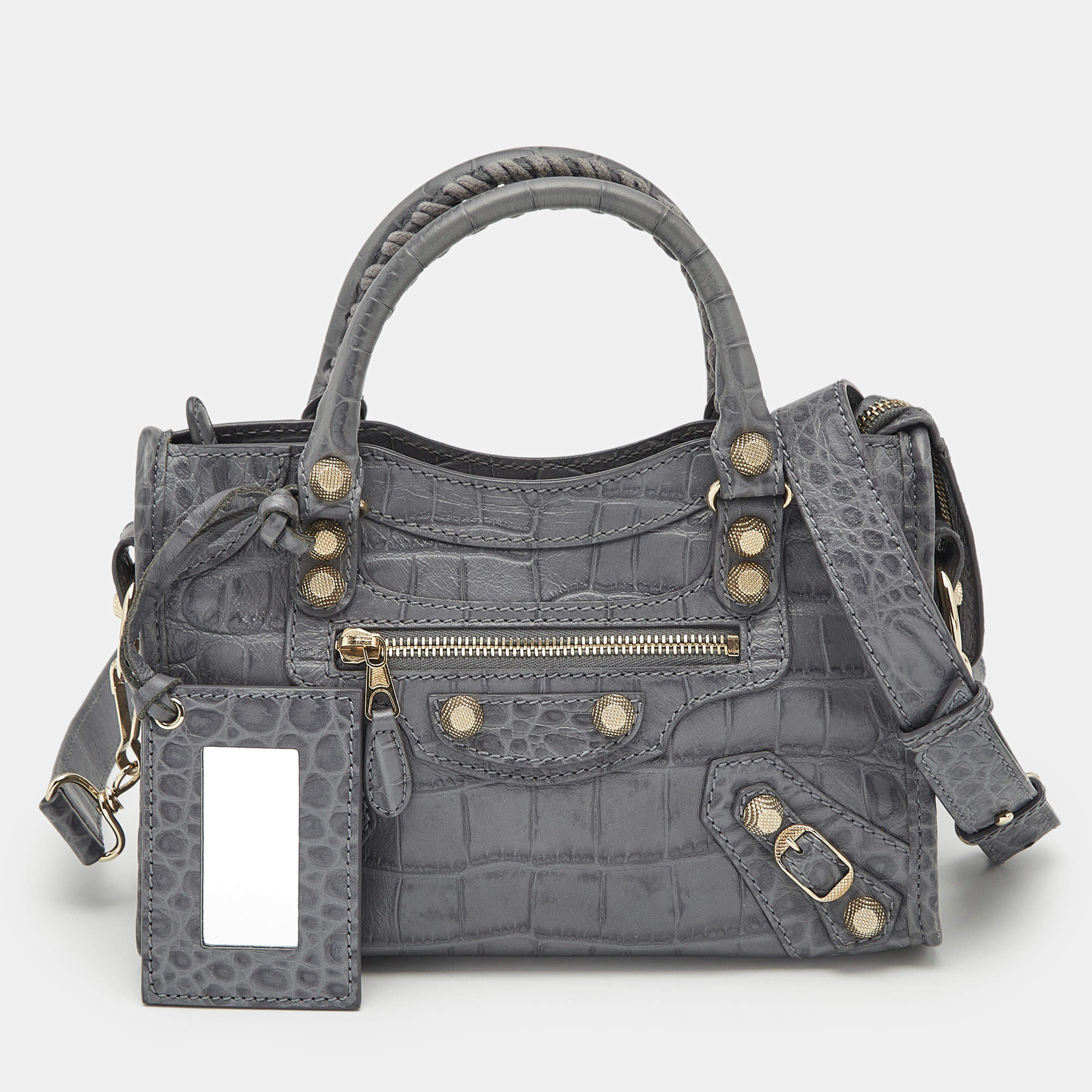 Pre Owned Balenciaga Grey Croc Embossed Leather Mini Classic City Bag