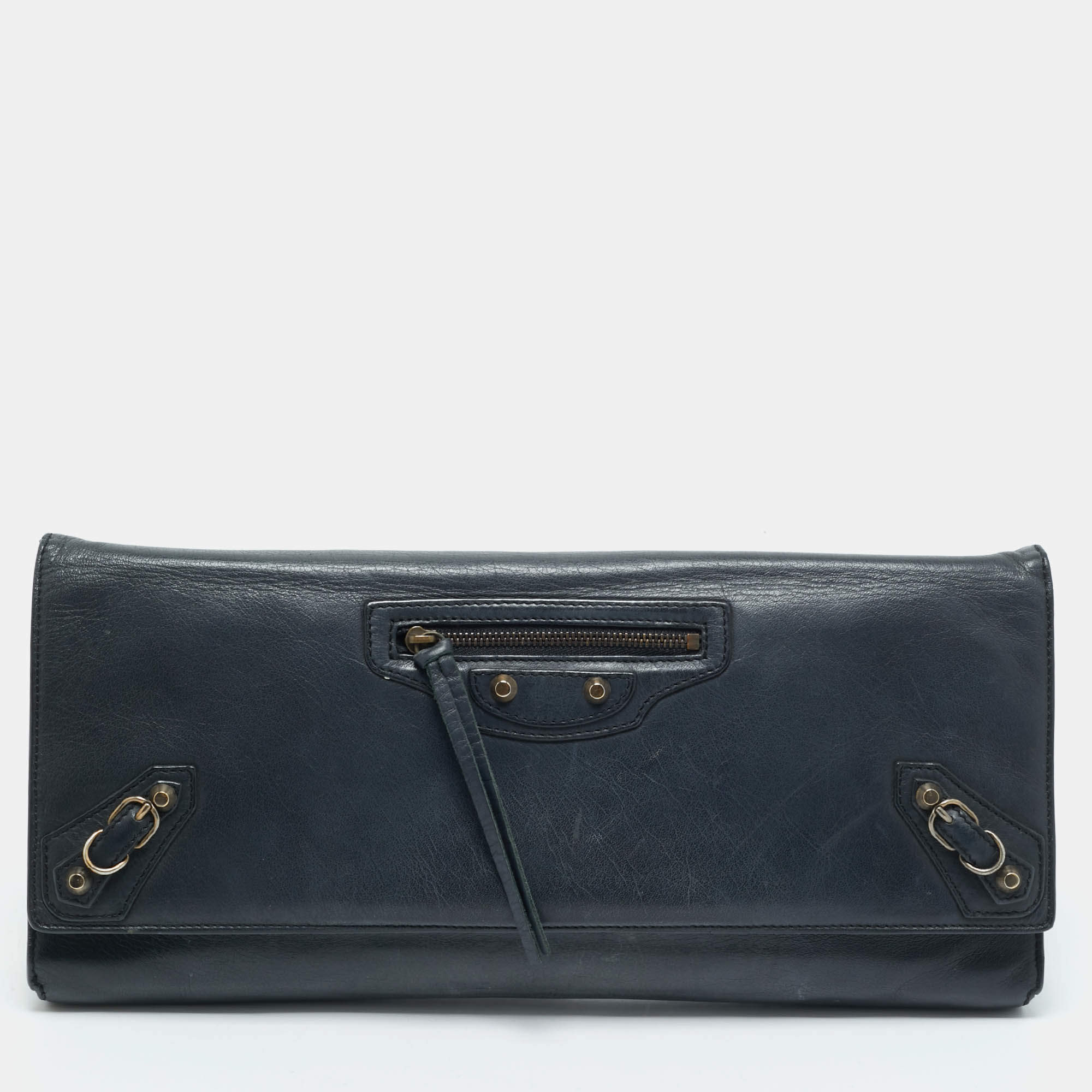 Balenciaga Navy Blue Leather Papier Long Clutch