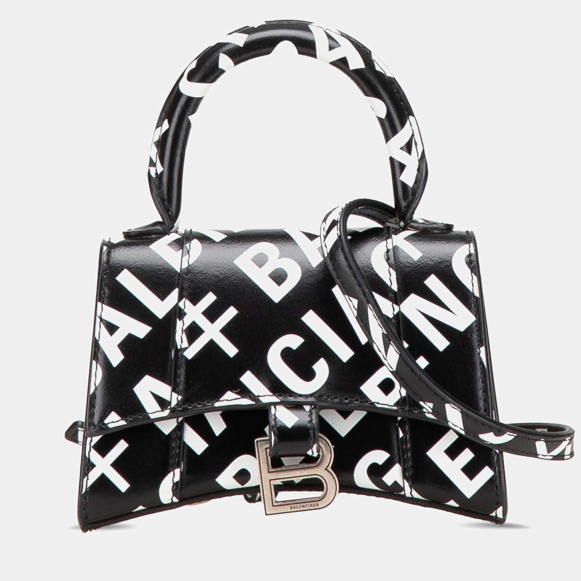 Balenciaga Black Mini Smooth Calfskin Allover Logo Print Hourglass Top Handle Bag