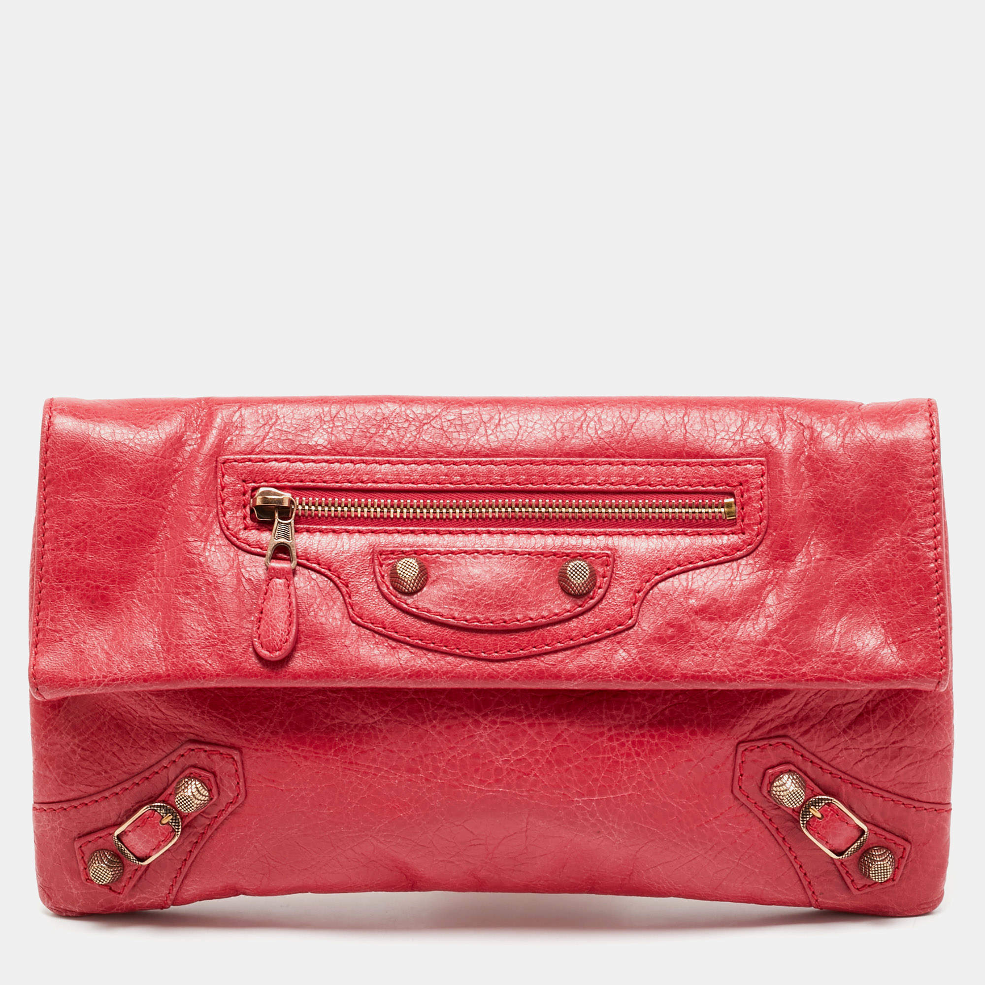 Pre Owned Balenciaga Coral Pink Leather RH Classic Envelope Clutch