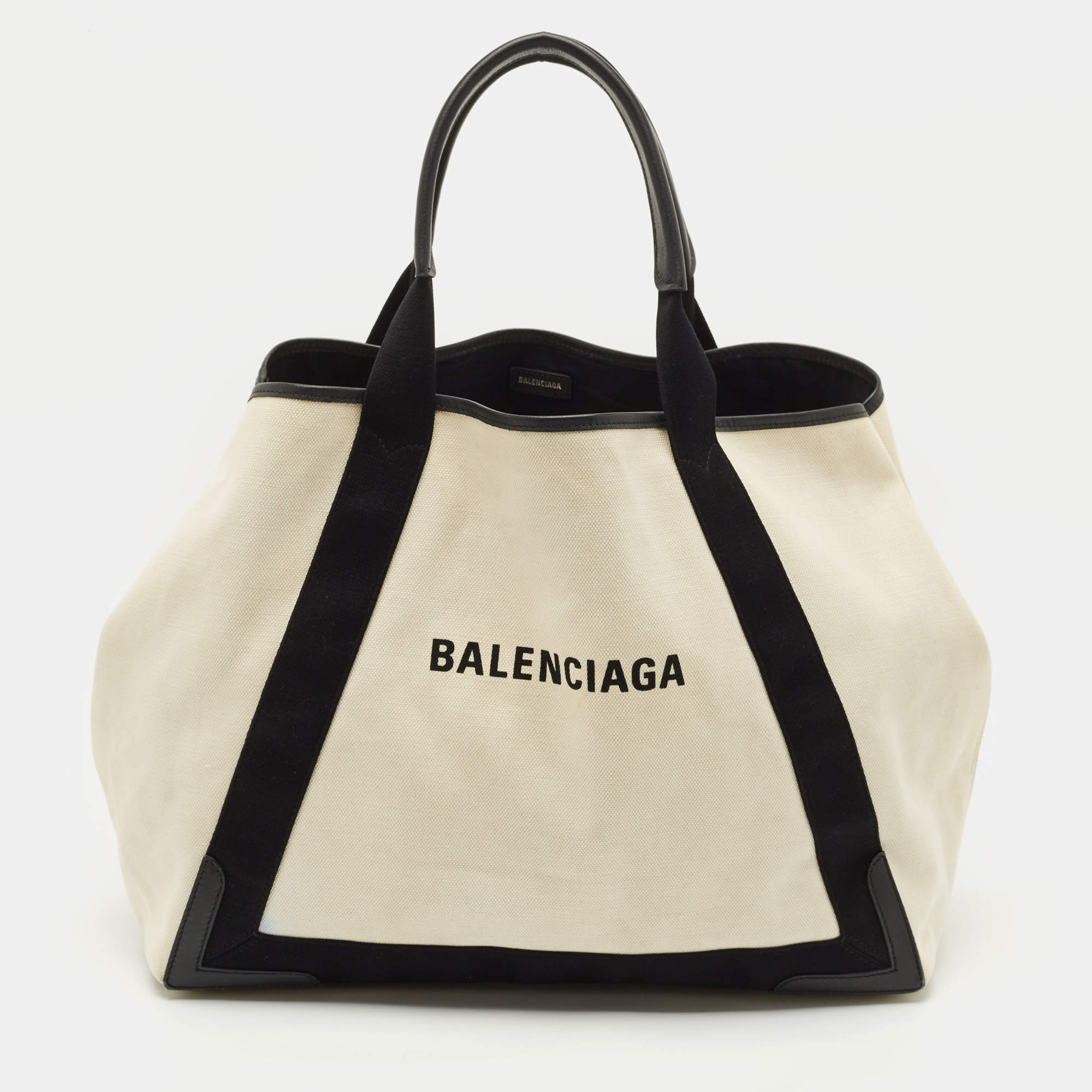 Pre Owned Balenciaga Black/Off White Canvas and Leather Large Cabas Tote
