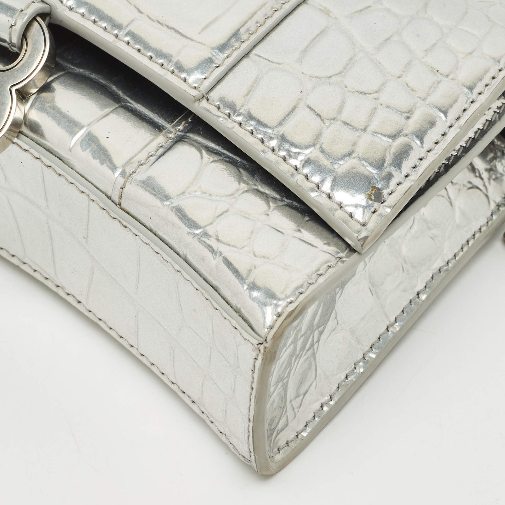 Pre Owned Balenciaga Silver Croc Embossed Patent Leather Hourglass Wallet on Chain