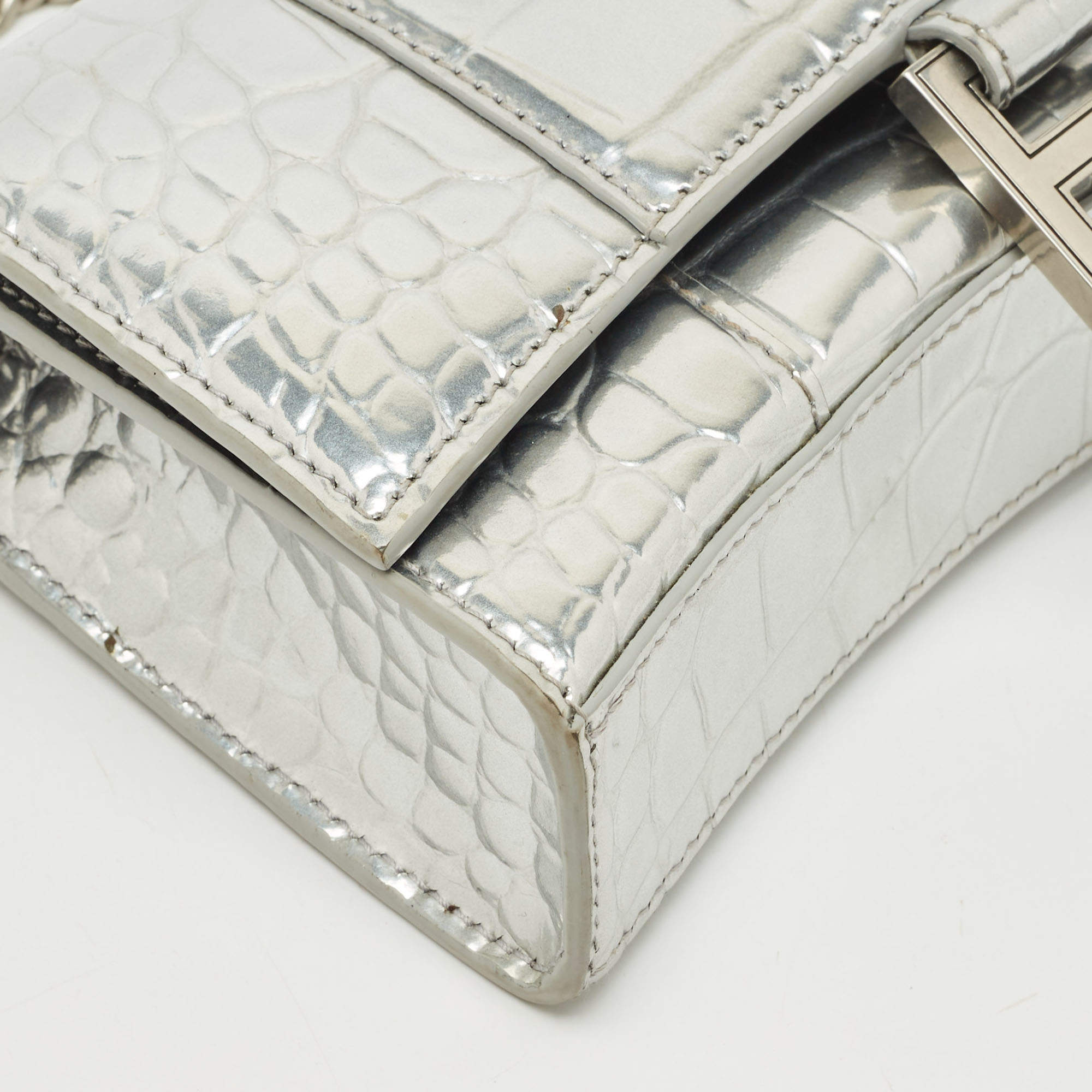 Pre Owned Balenciaga Silver Croc Embossed Patent Leather Hourglass Wallet on Chain