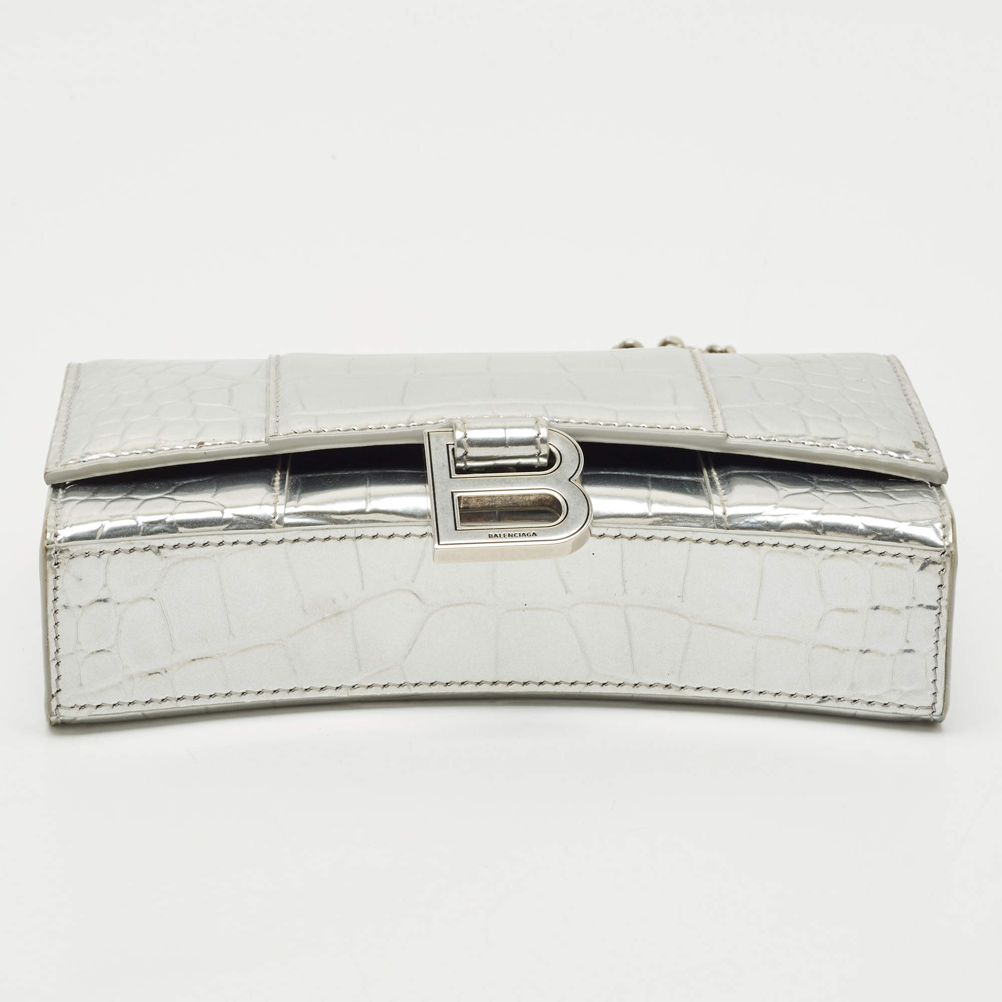 Pre Owned Balenciaga Silver Croc Embossed Patent Leather Hourglass Wallet on Chain
