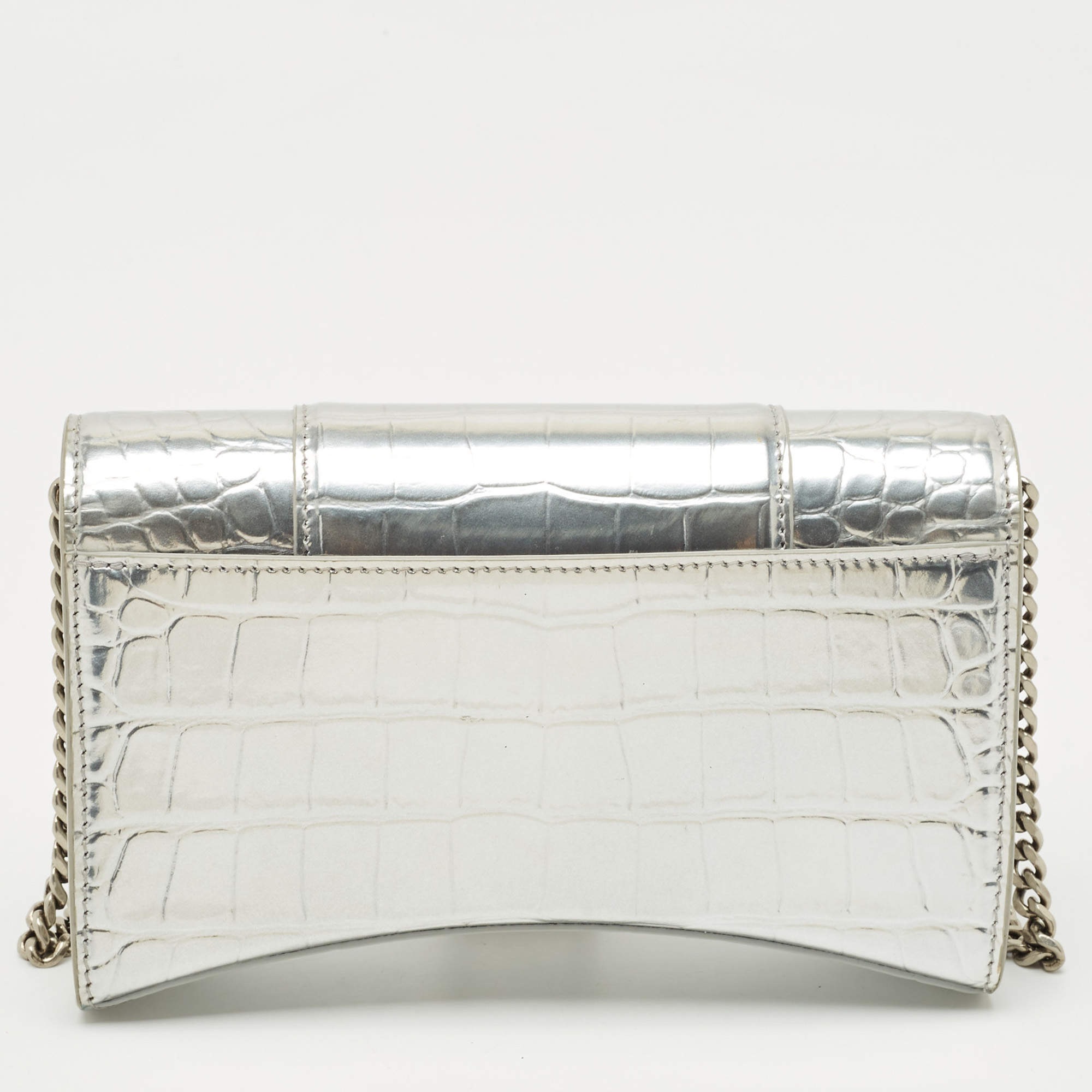Pre Owned Balenciaga Silver Croc Embossed Patent Leather Hourglass Wallet on Chain