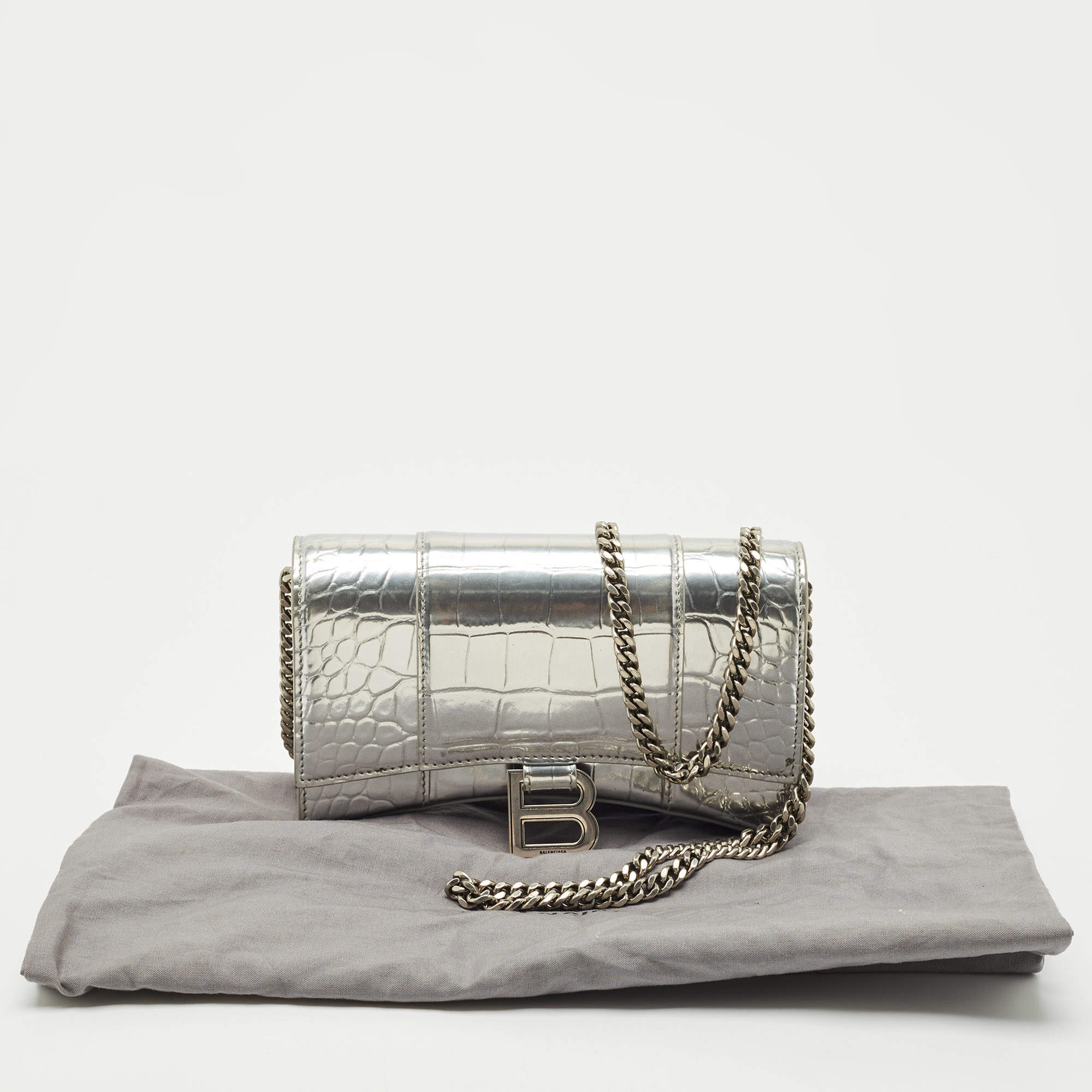 Pre Owned Balenciaga Silver Croc Embossed Patent Leather Hourglass Wallet on Chain