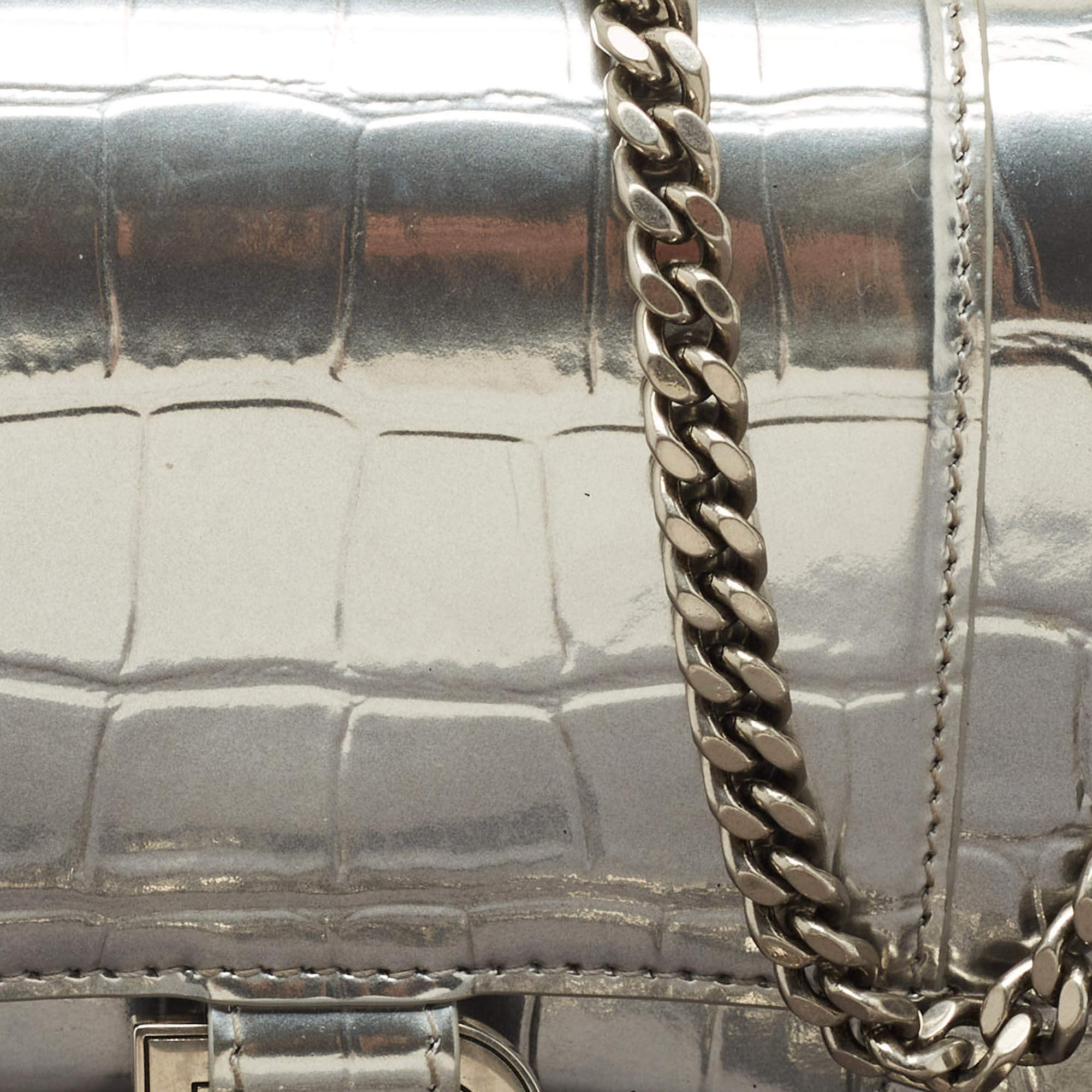 Pre Owned Balenciaga Silver Croc Embossed Patent Leather Hourglass Wallet on Chain