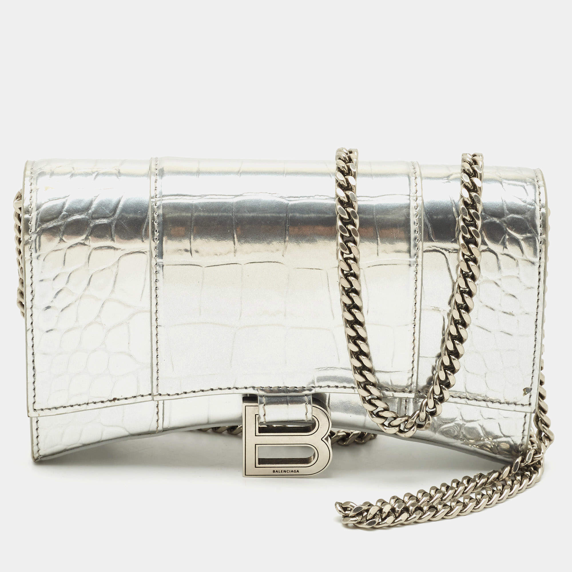 Balenciaga Silver Croc Embossed Patent Leather Hourglass Wallet on Chain
