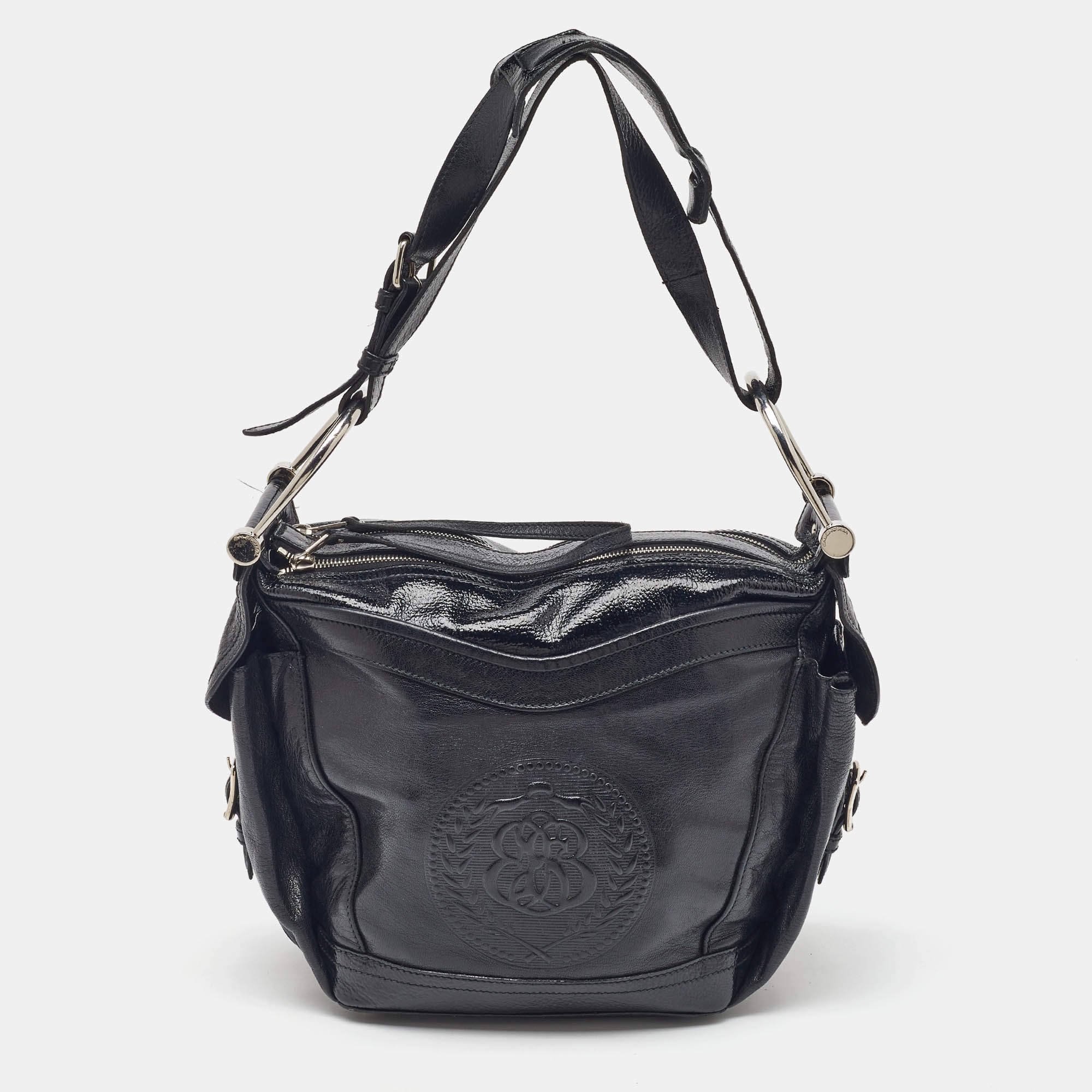 Pre Owned Balenciaga Black Leather Monogram Crest Double Zip Hobo