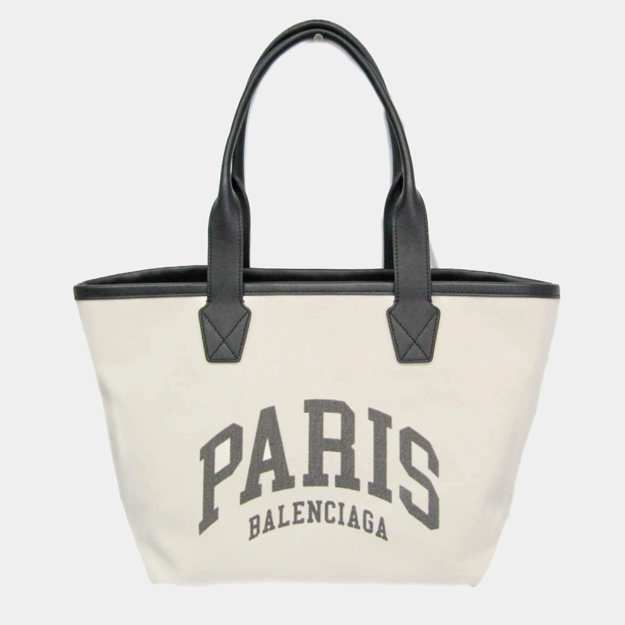 Pre Owned Balenciaga Jumbo Small Canvas Leather Tote Bag Black Off-white