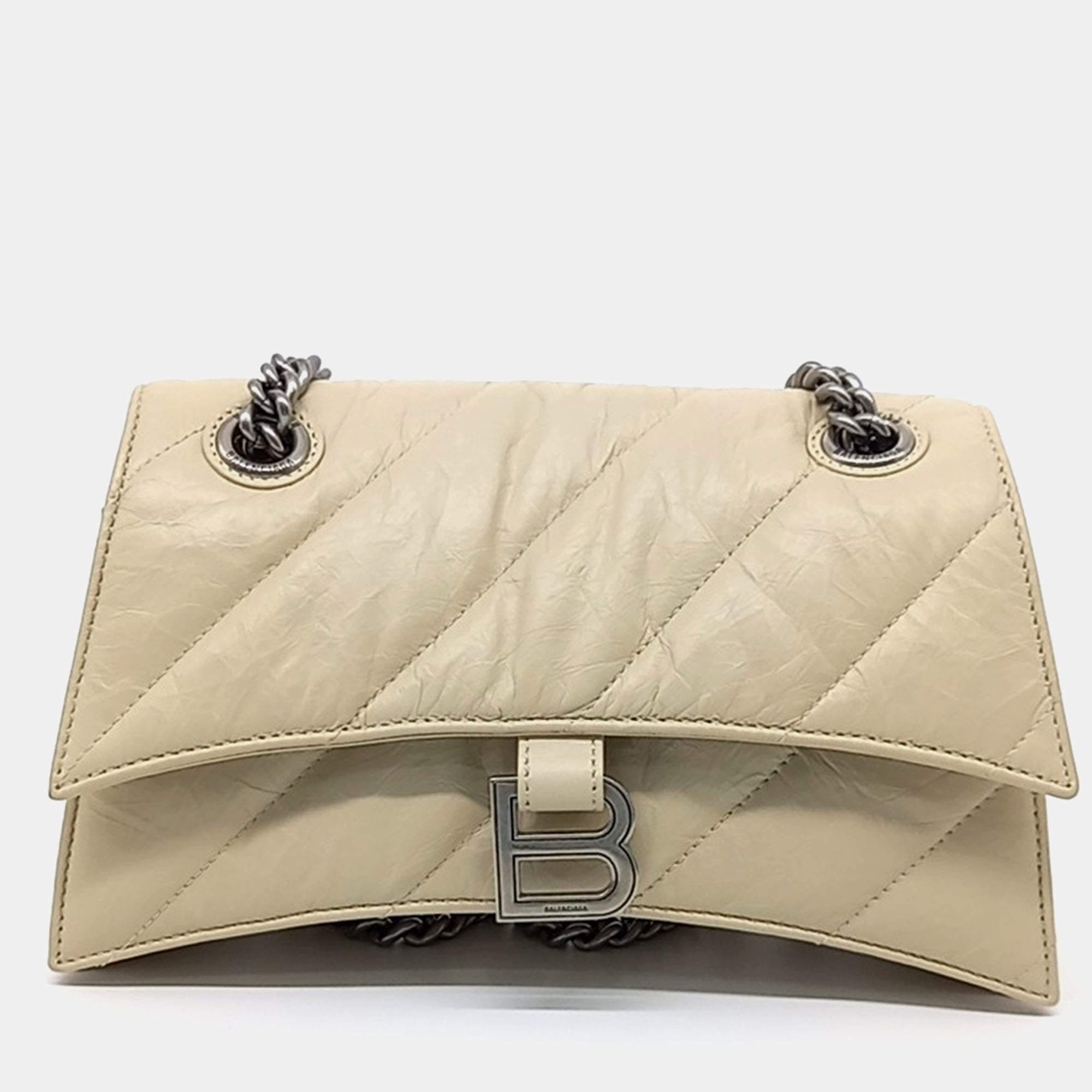 Pre Owned Balenciaga Beige Leather Crush Chain Bag Small