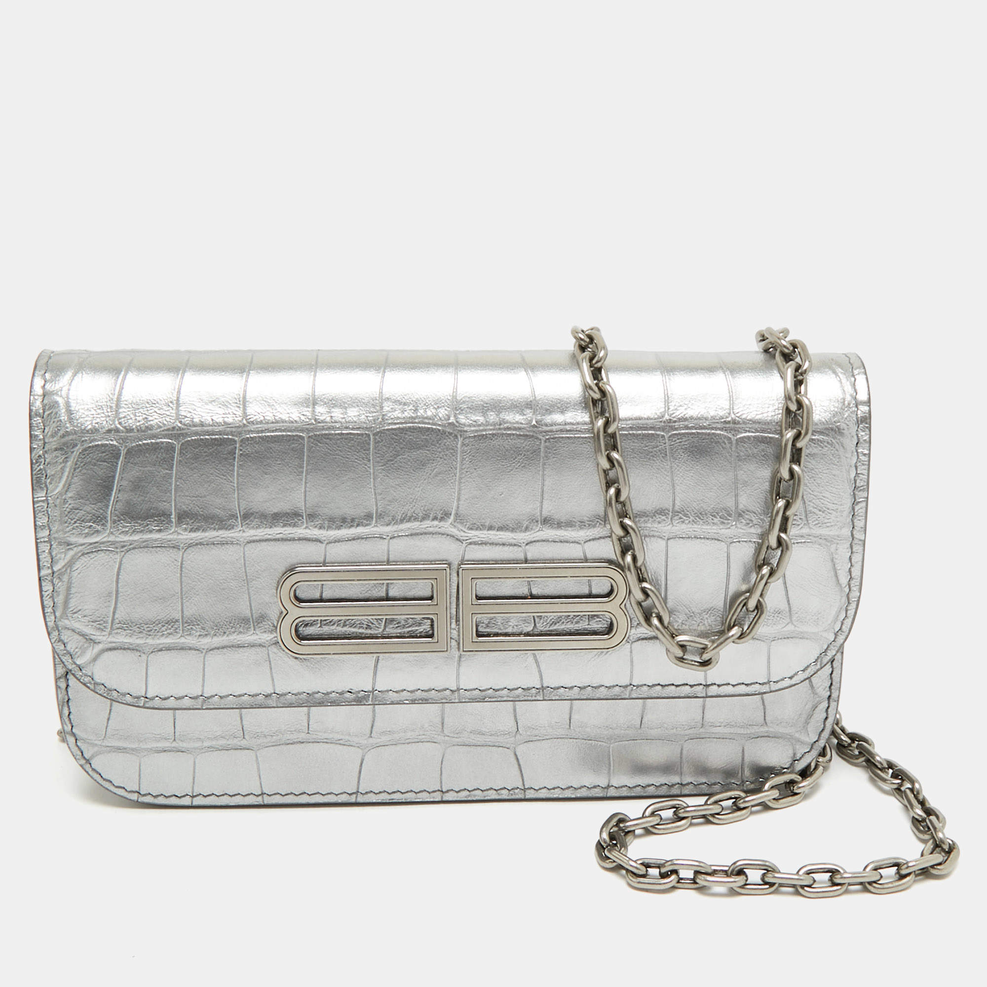 Pre Owned Balenciaga Silver Croc Embossed Leather Gossip Wallet on Chain