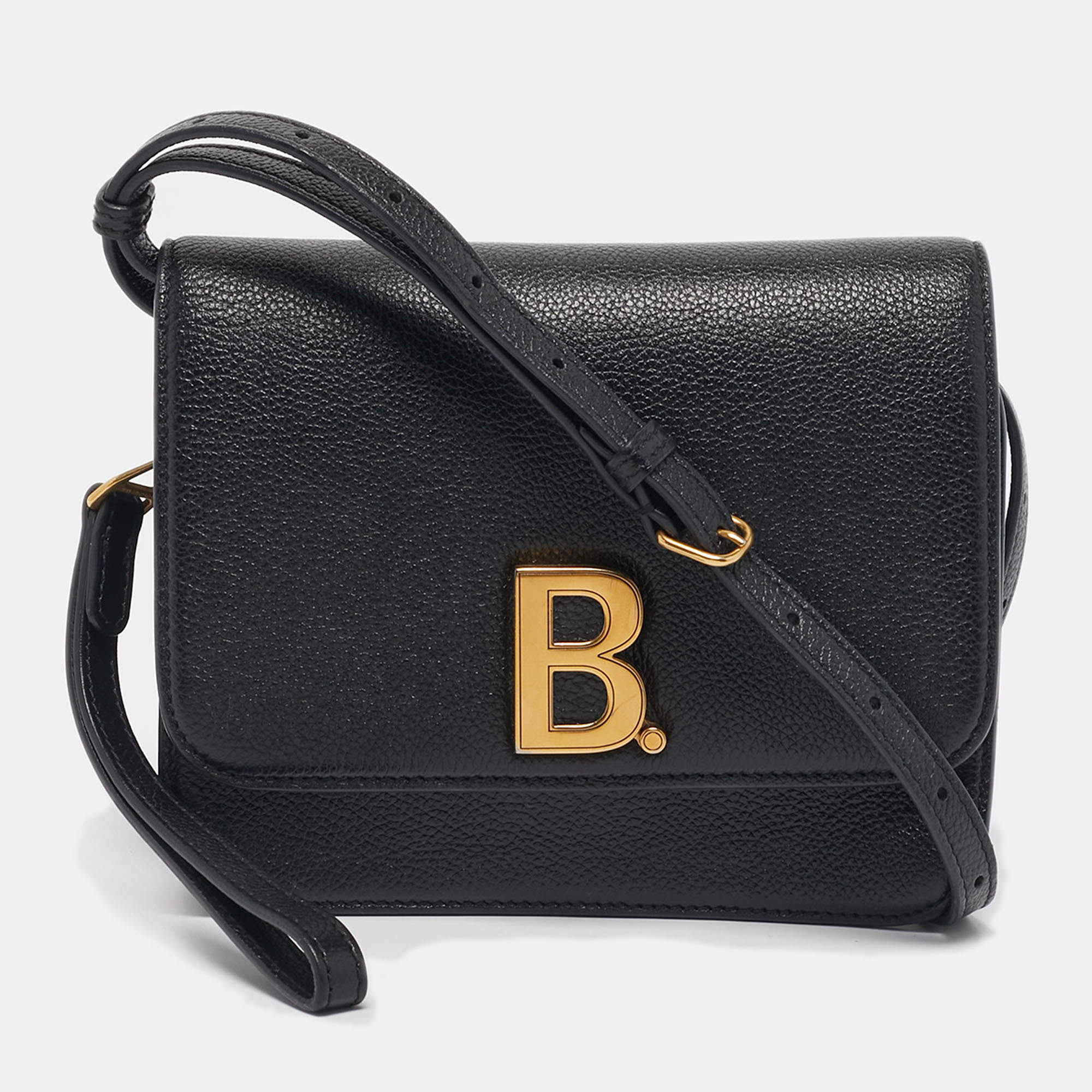 Pre Owned Balenciaga Black Leather B Logo Crossbody Bag