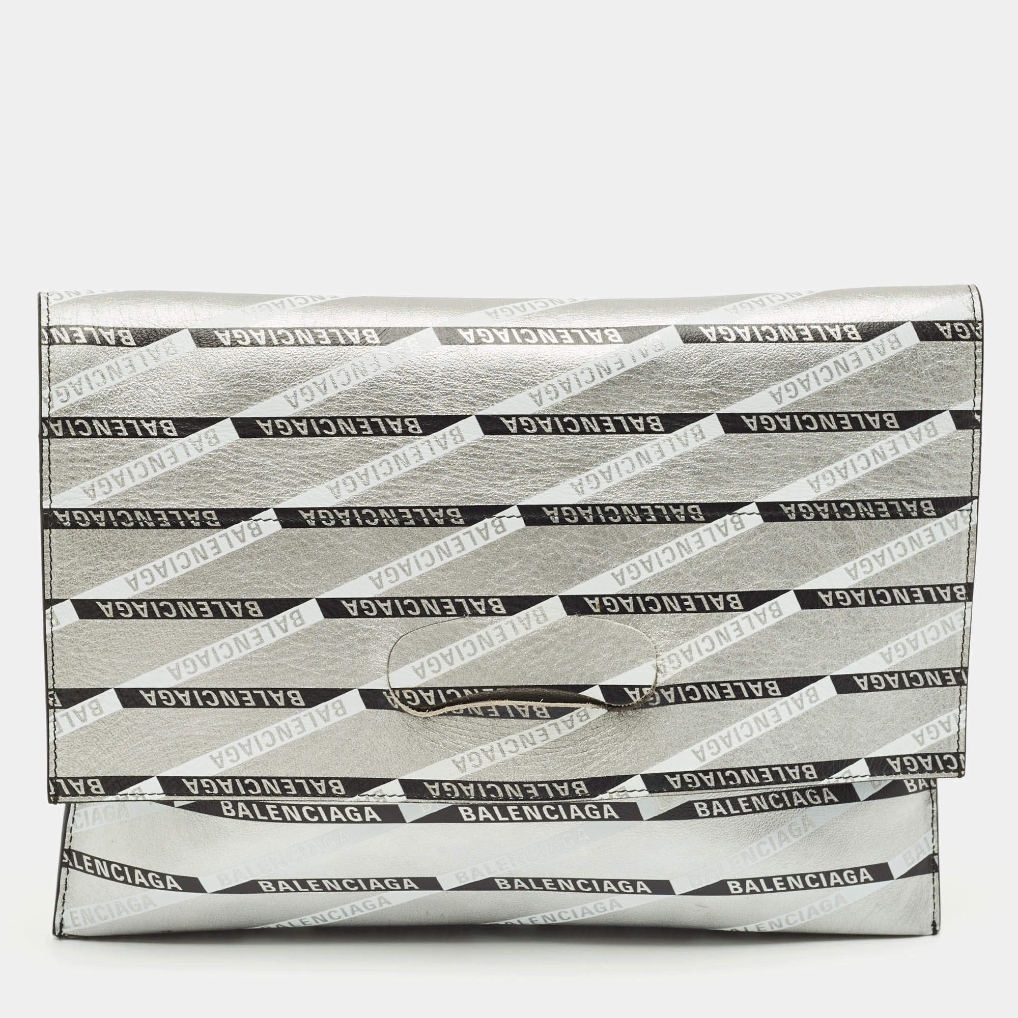 Pre Owned Balenciaga Silver Monogram Leather Plastic Bag Tote