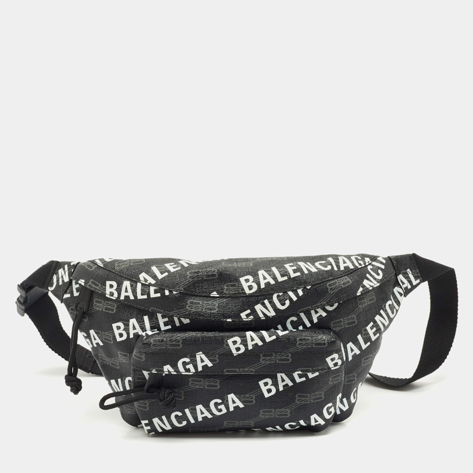 Pre Owned Balenciaga Black BB Monogram Coated Canvas Logo Medium Signature Belt Bag