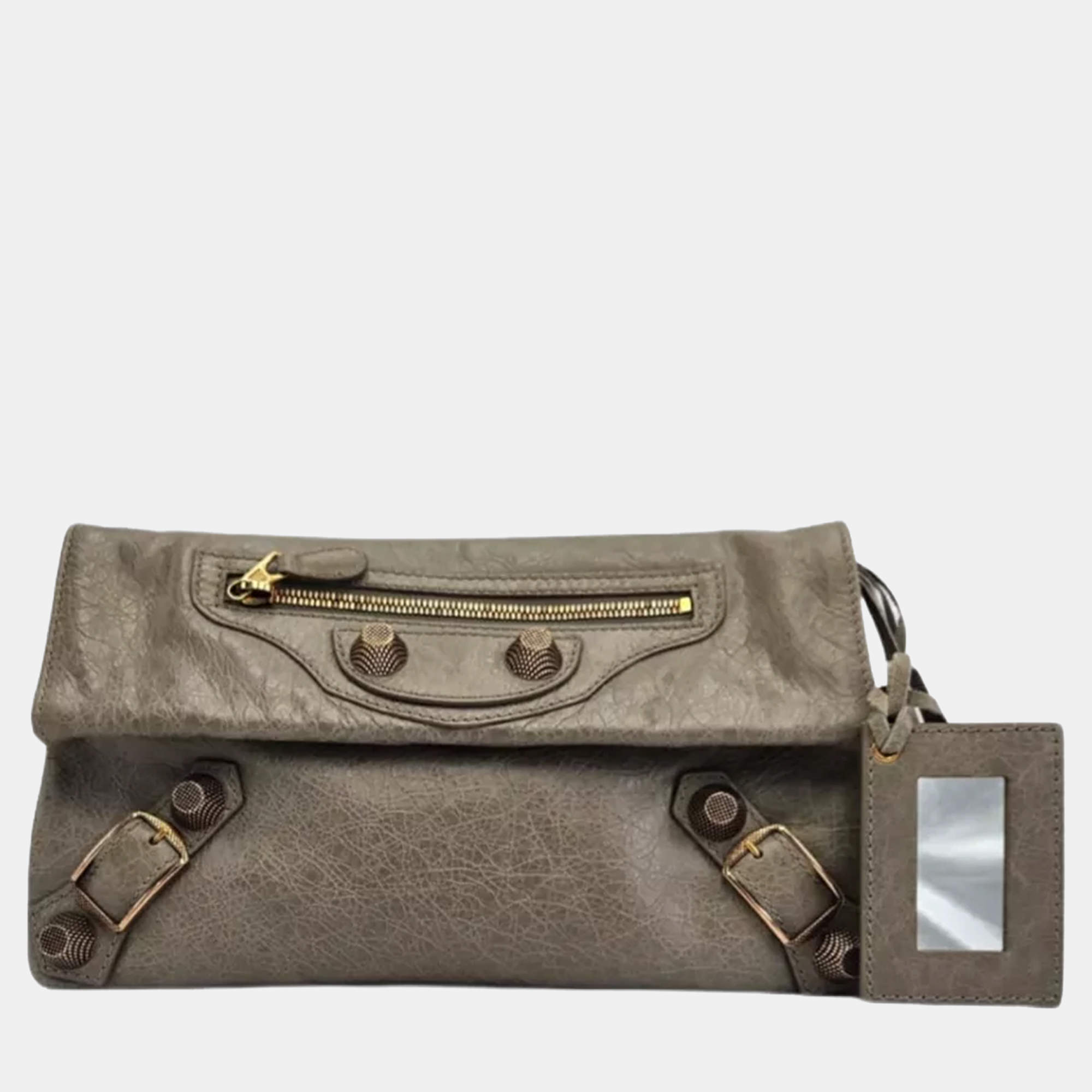 Pre Owned Balenciaga Envelope Grey Leather Clutch Bag