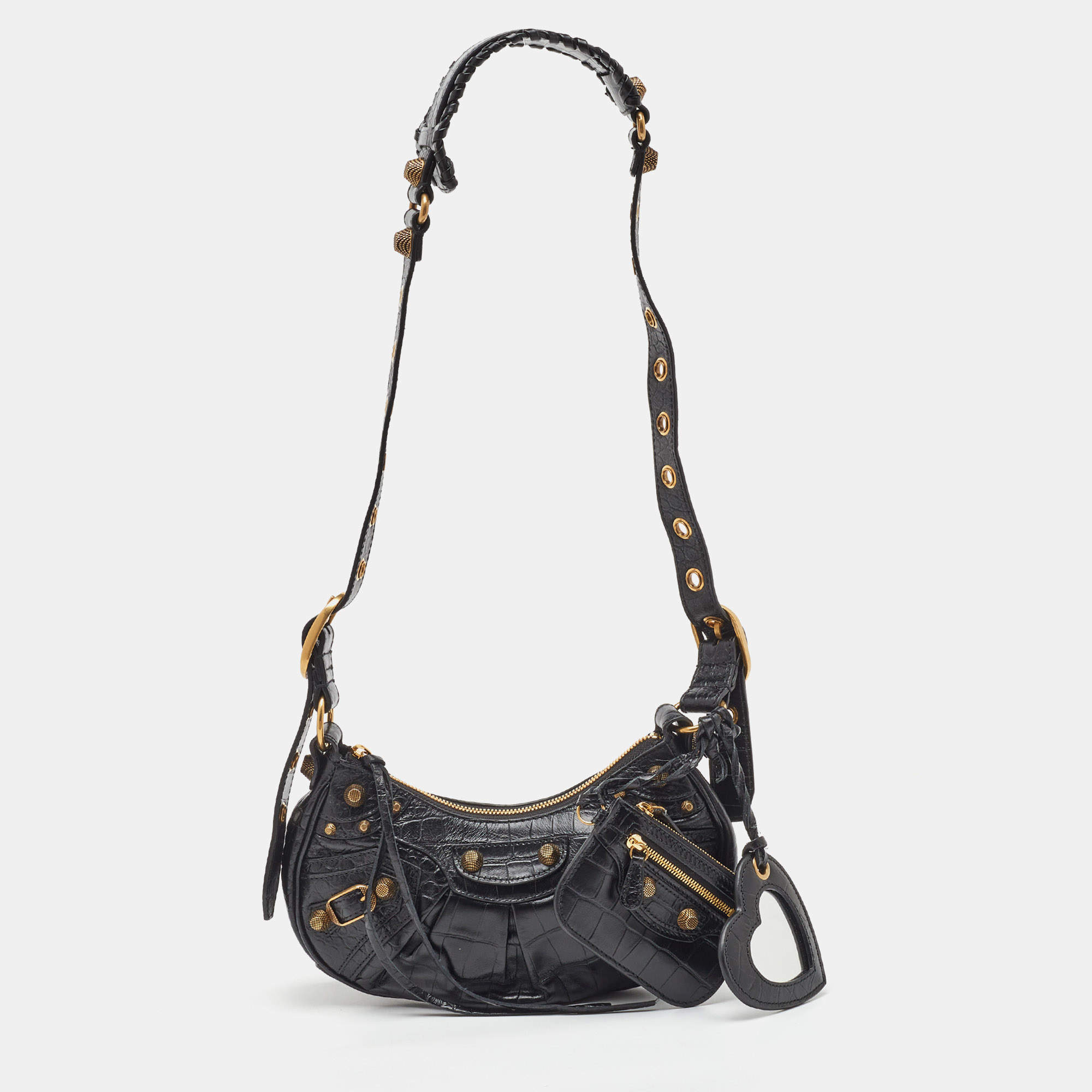 Pre Owned Balenciaga Black Croc Embossed Leather XS Le Cagole Shoulder Bag